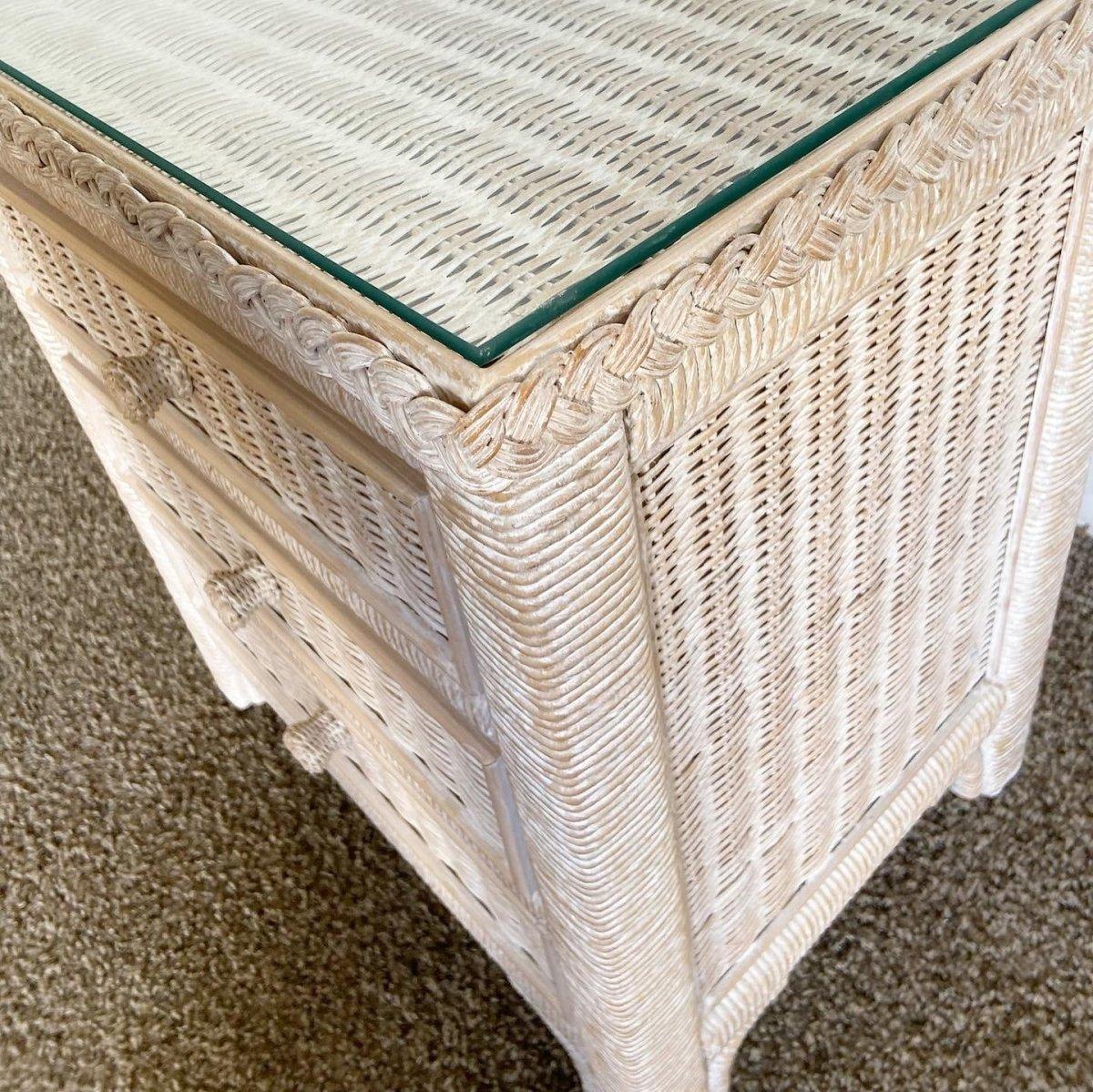 Late 20th Century Boho Chic Lexington Wicker Rattan Glass Top Commode/Nightstand by Henry Link For Sale