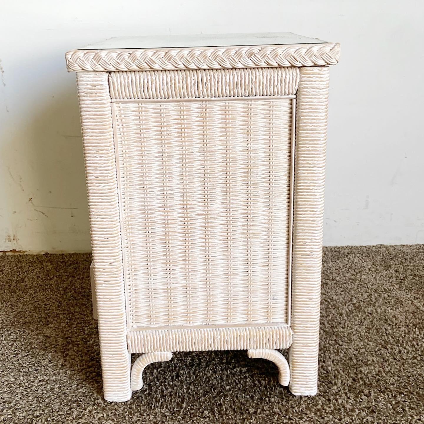 Boho Chic Lexington Wicker Rattan Glass Top Commode/Nightstand by Henry Link In Good Condition For Sale In Delray Beach, FL