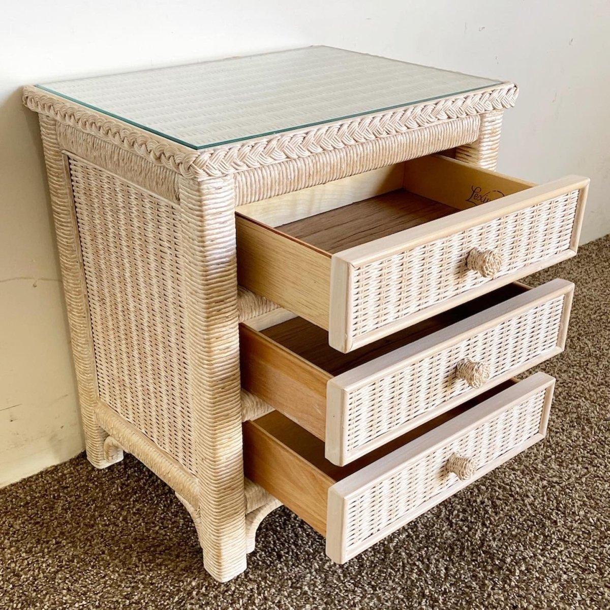 Boho Chic Lexington Wicker Rattan Glass Top Commode/Nightstand by Henry Link For Sale 2