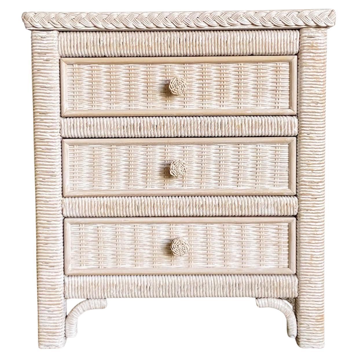 Boho Chic Lexington Wicker Rattan Glass Top Commode/Nightstand by Henry Link For Sale