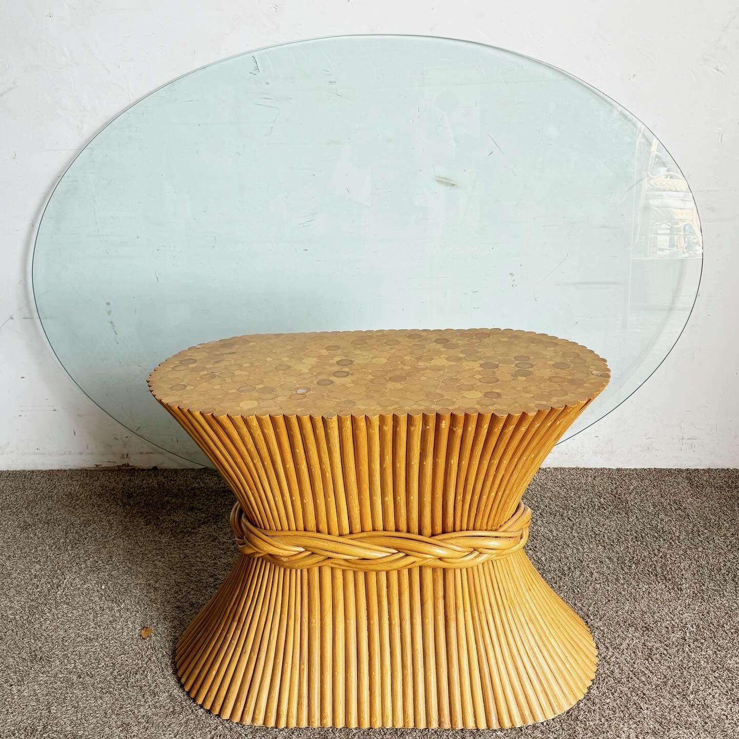 Boho Chic McGuire Style ‚ÄúSheaf of Wheat‚Äù Rattan Oval Glass Top Dining Table For Sale 1