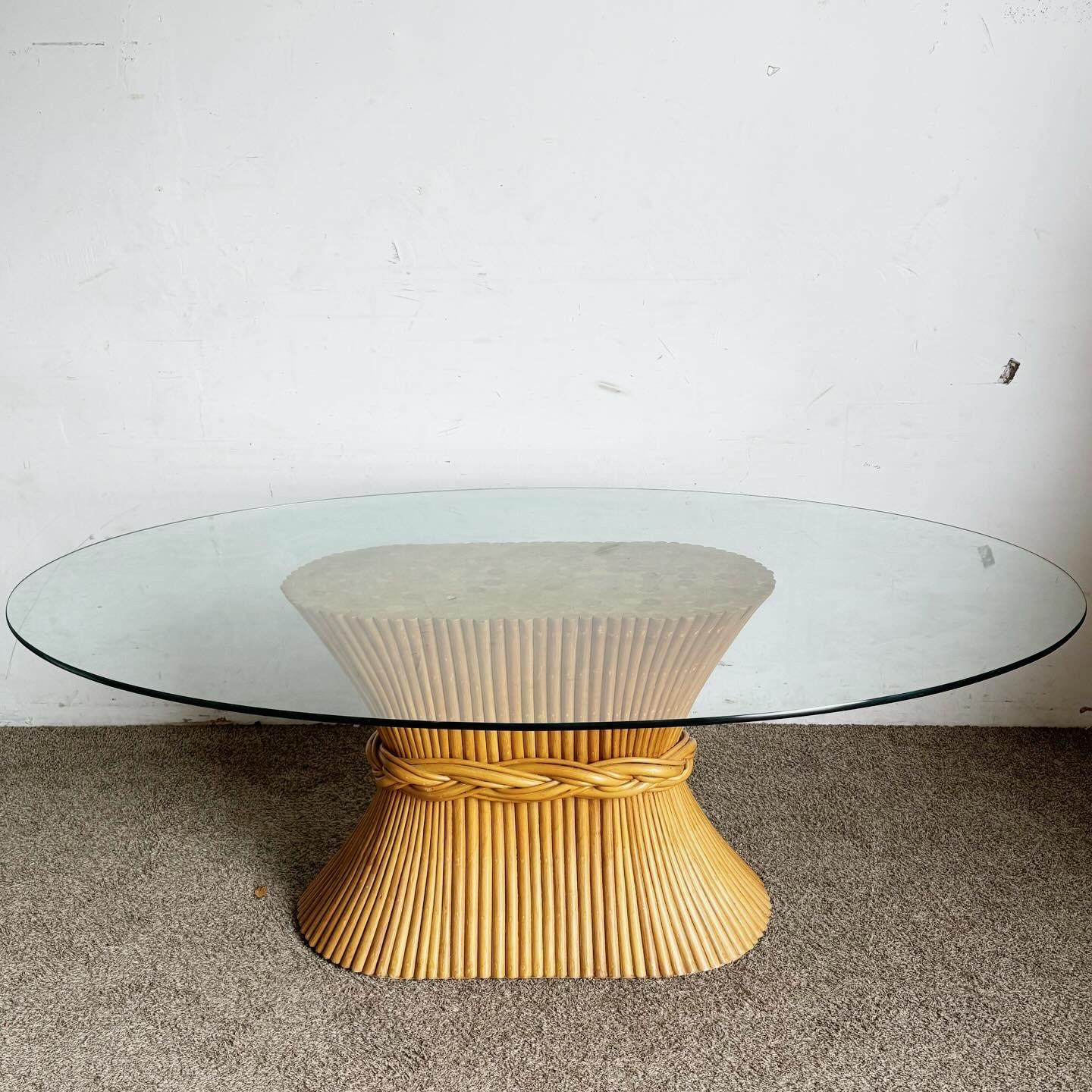 Boho Chic McGuire Style ‚ÄúSheaf of Wheat‚Äù Rattan Oval Glass Top Dining Table For Sale 3