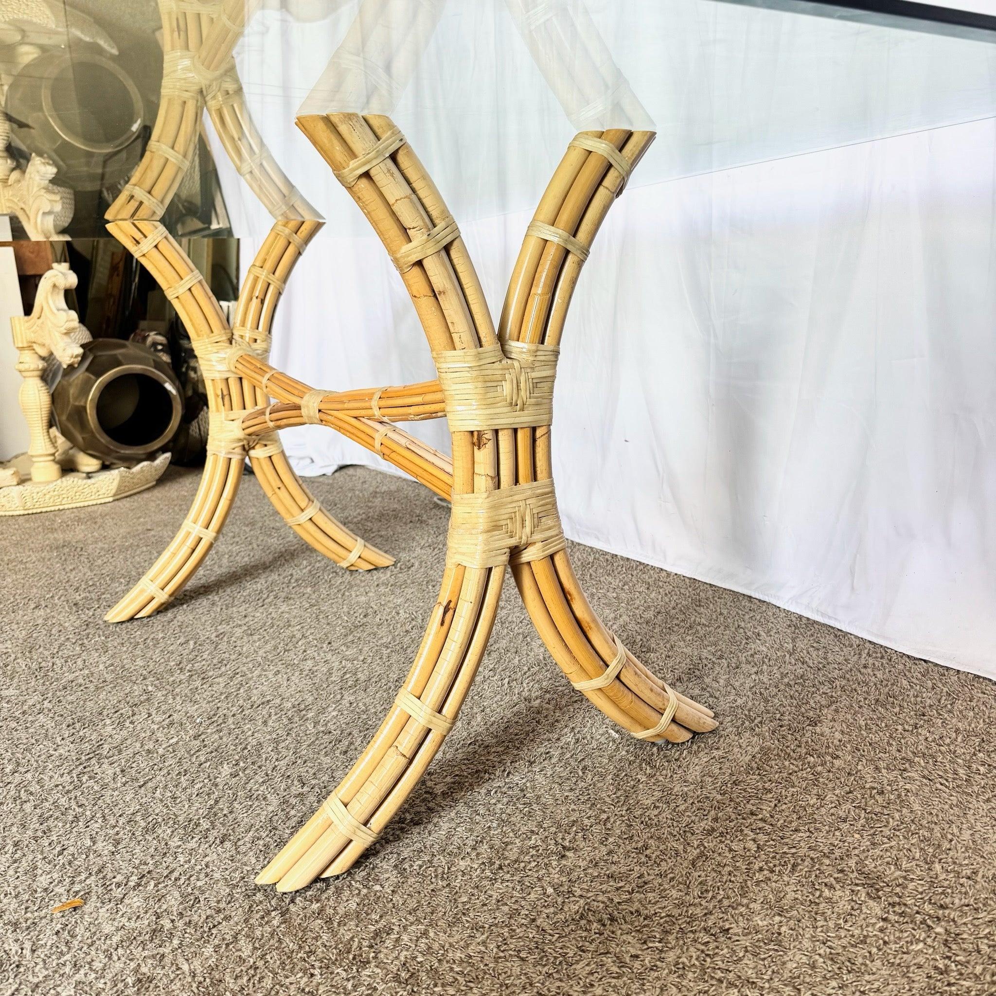 Boho Chic Rattan Glass Dining Table with sculptural rattan base and thick glass top—McGuire-inspired, coastal boho elegance for relaxed dining.
 

 We sell items as acquired, without restoring or repairing. Vintage pieces may have age-related wear.