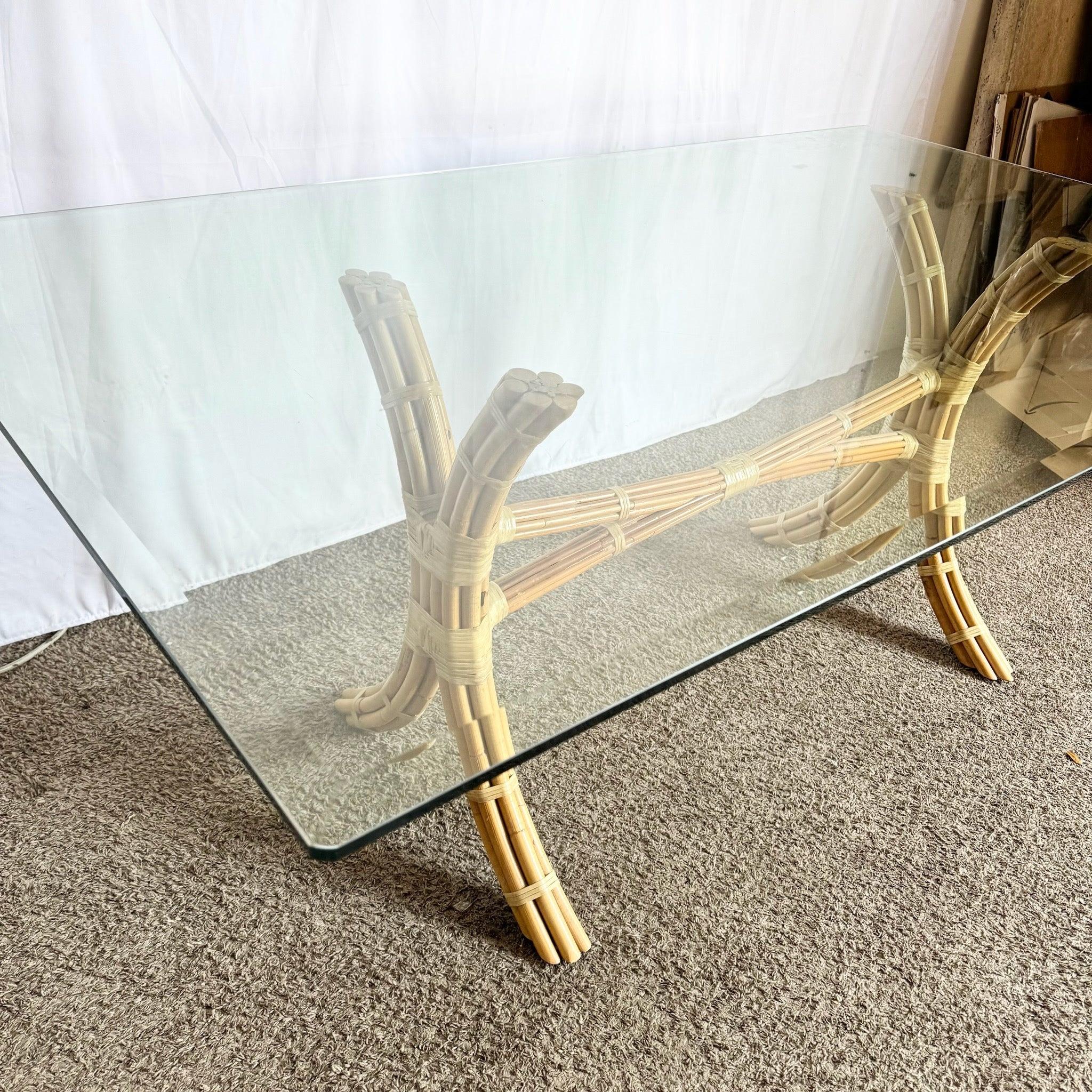 Philippine Boho Chic McGuire Style Rattan Glass Top Dining Table For Sale