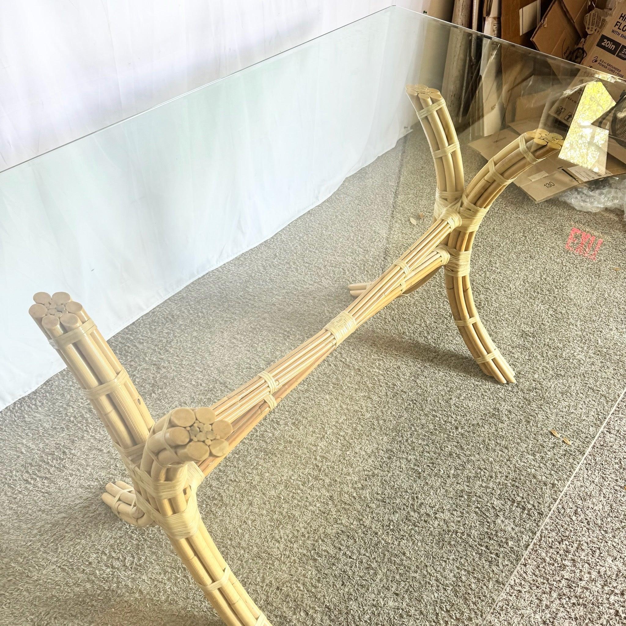 Late 20th Century Boho Chic McGuire Style Rattan Glass Top Dining Table For Sale