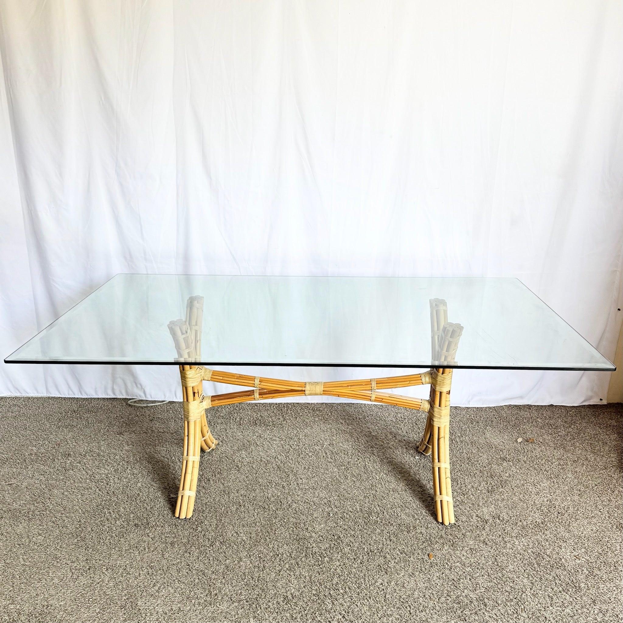 Boho Chic McGuire Style Rattan Glass Top Dining Table For Sale 2