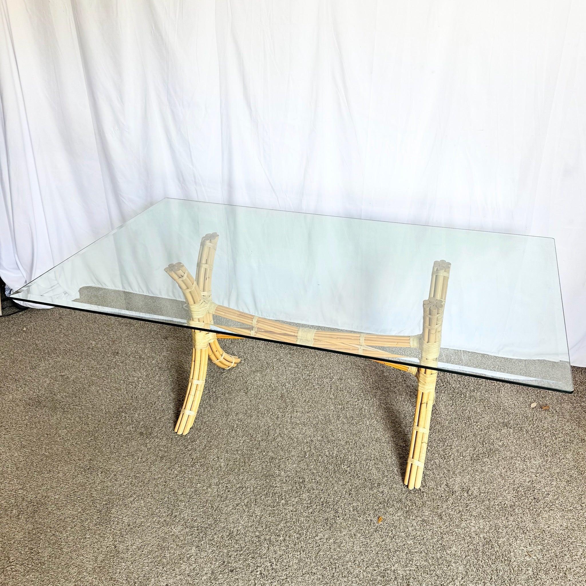 Boho Chic McGuire Style Rattan Glass Top Dining Table For Sale 3