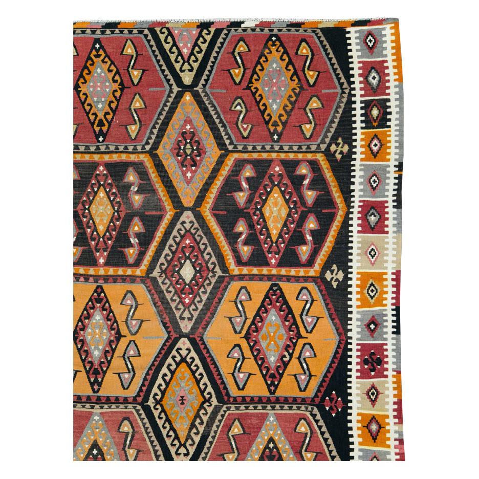 Hand-Woven Boho Chic Mid-20th Century Handmade Turkish Flatweave Kilim Large Room Size Rug