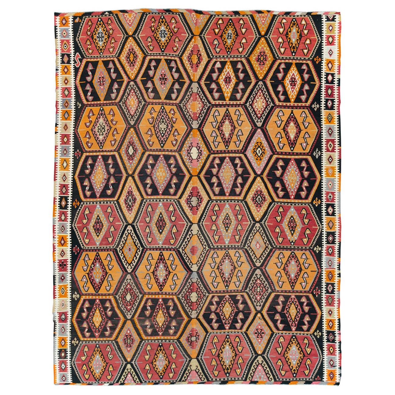 Boho Chic Mid-20th Century Handmade Turkish Flatweave Kilim Large Room Size Rug
