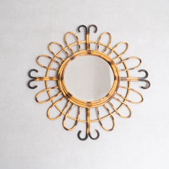Boho Chic Mid-Century Bamboo Sunburst Wall Mirror, French Riviera Style, 1960s