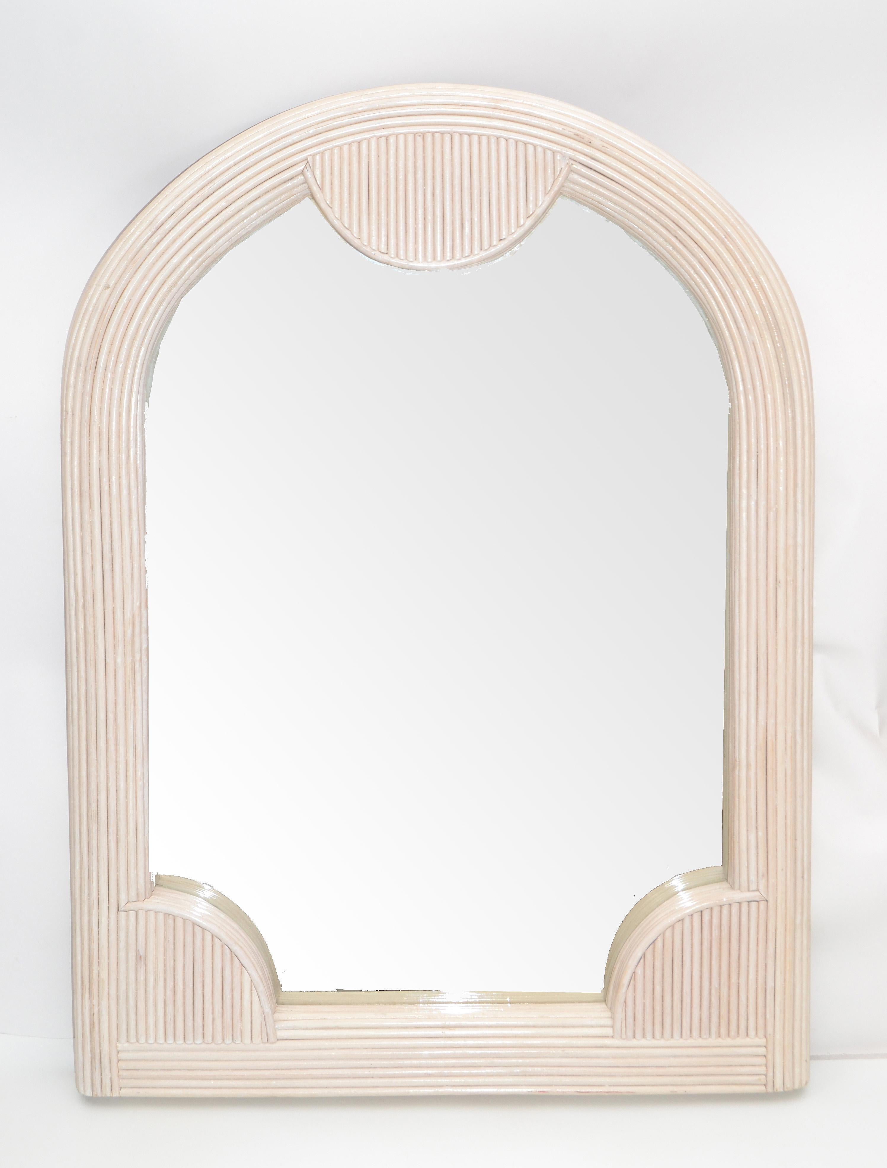 Boho Chic Mid-Century Modern Arch Handmade White Washed Pencil Reed Wall Mirror For Sale 2