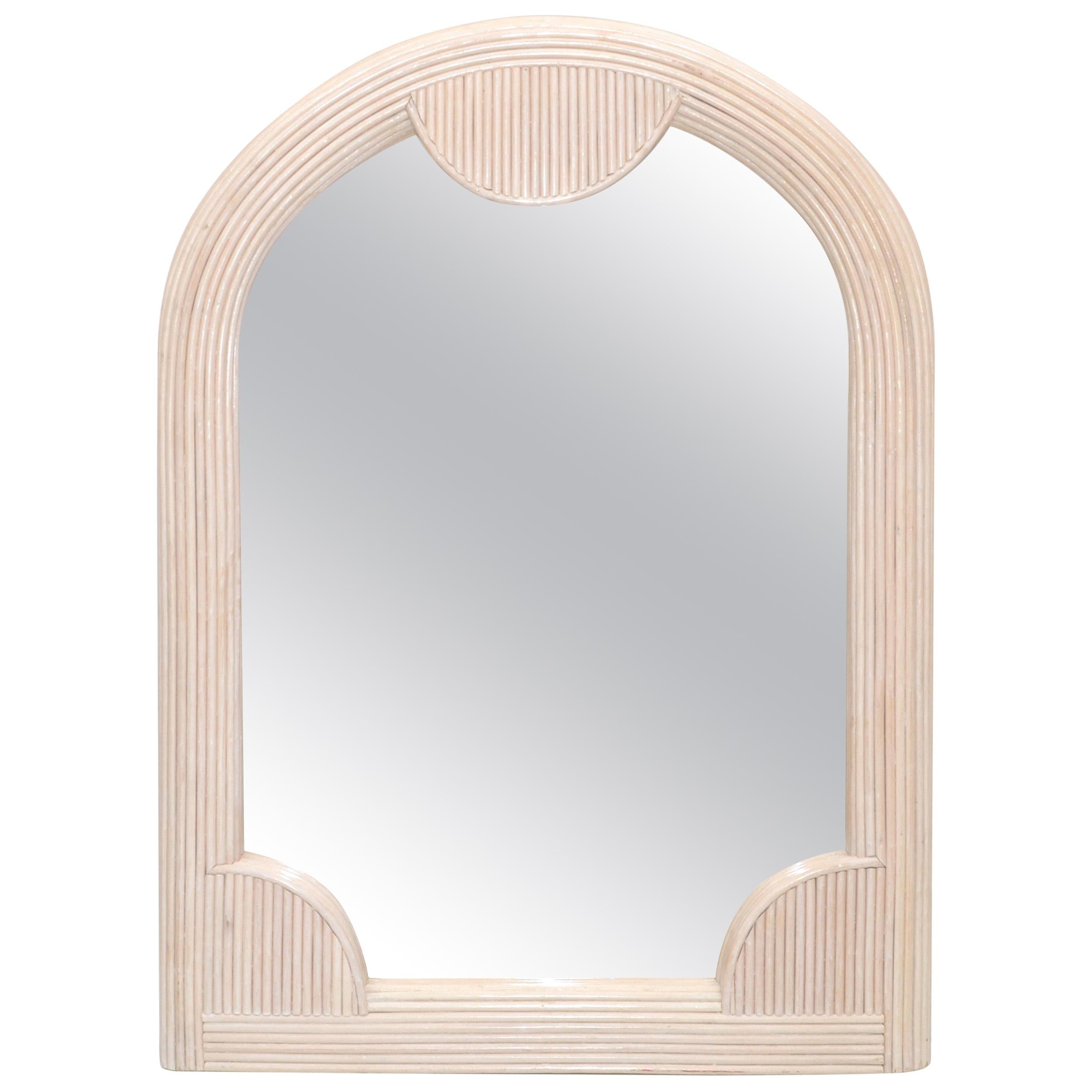 Boho Chic Mid-Century Modern Arch Handmade White Washed Pencil Reed Wall Mirror For Sale