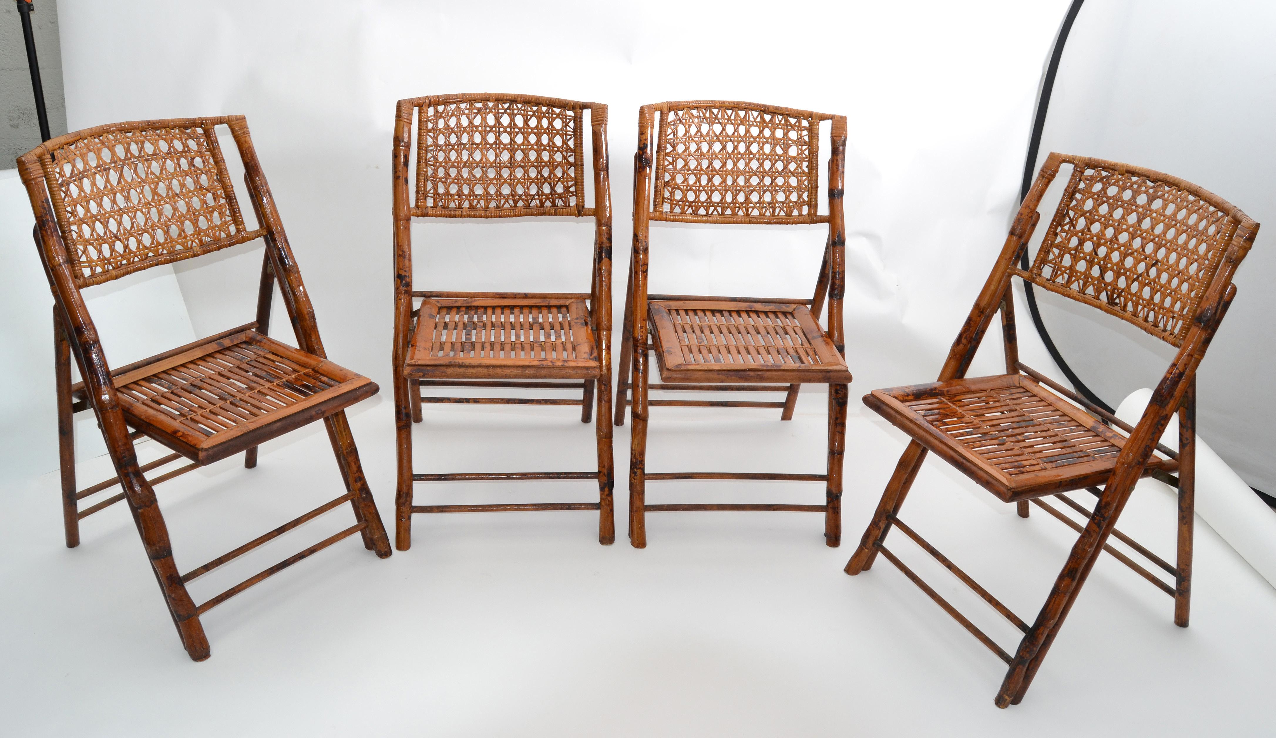 Boho Chic Mid-Century Modern Handcrafted Bamboo & Cane Folding Bistro Chairs, 4 3