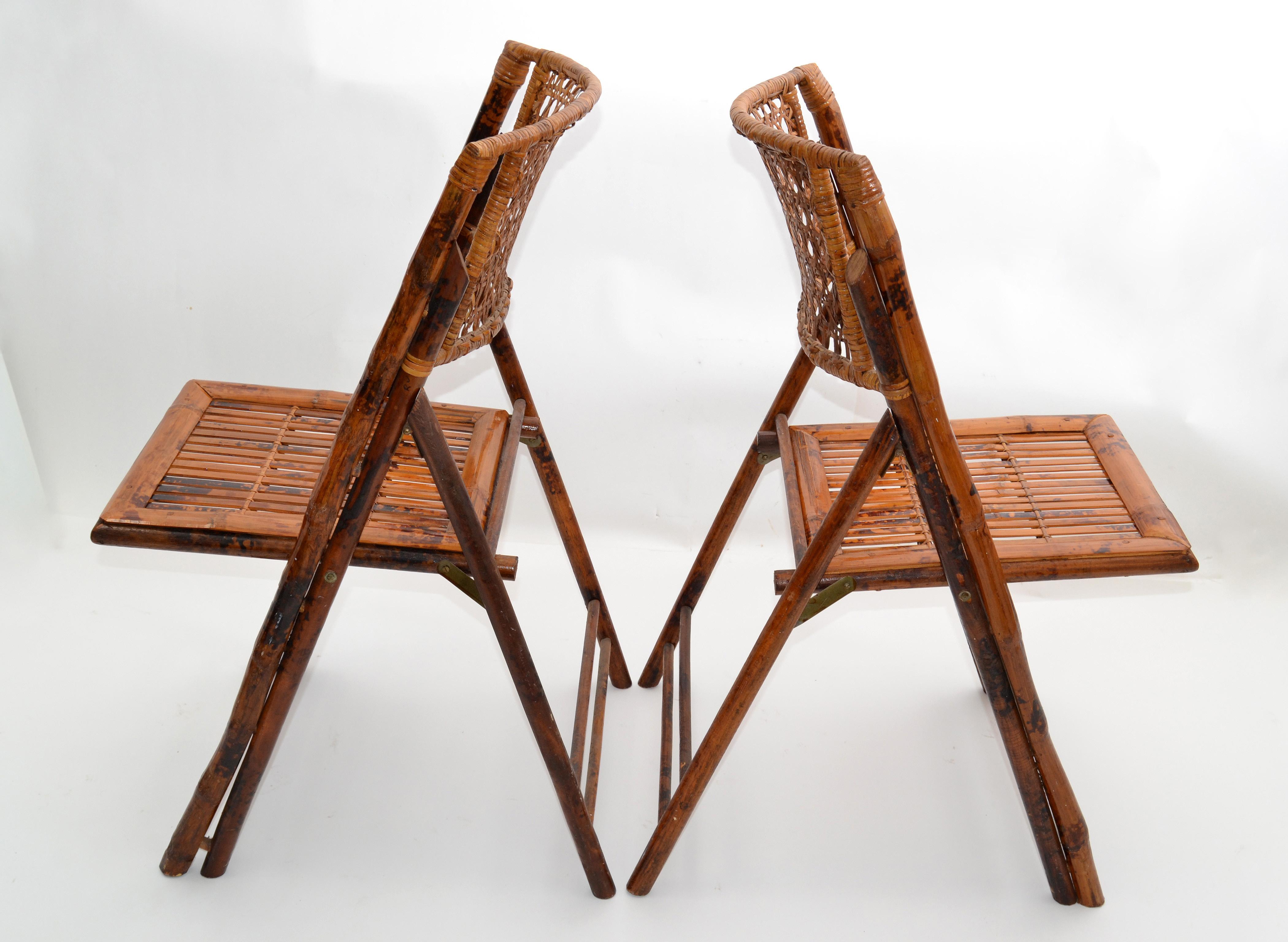 Bohemian Boho Chic Mid-Century Modern Handcrafted Bamboo & Cane Folding Bistro Chairs, 4