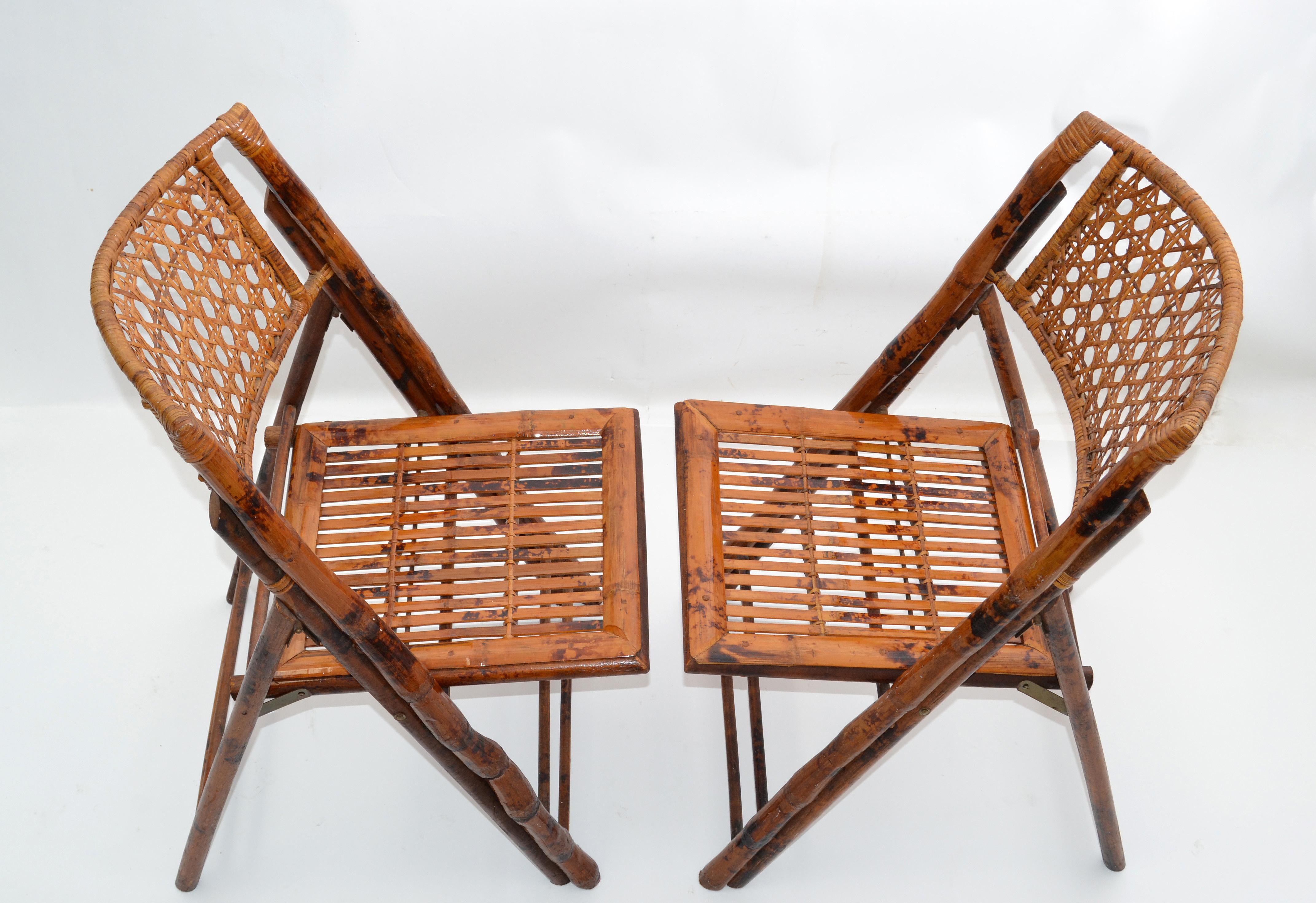 American Boho Chic Mid-Century Modern Handcrafted Bamboo & Cane Folding Bistro Chairs, 4