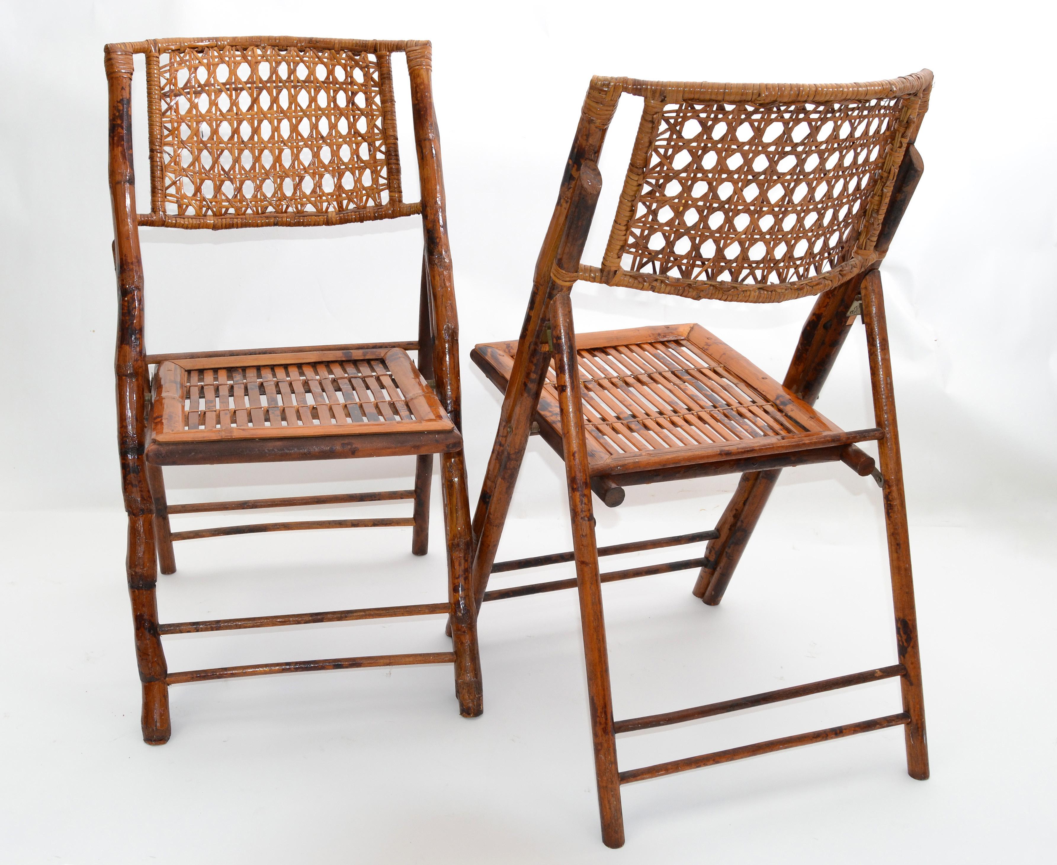 Hand-Crafted Boho Chic Mid-Century Modern Handcrafted Bamboo & Cane Folding Bistro Chairs, 4