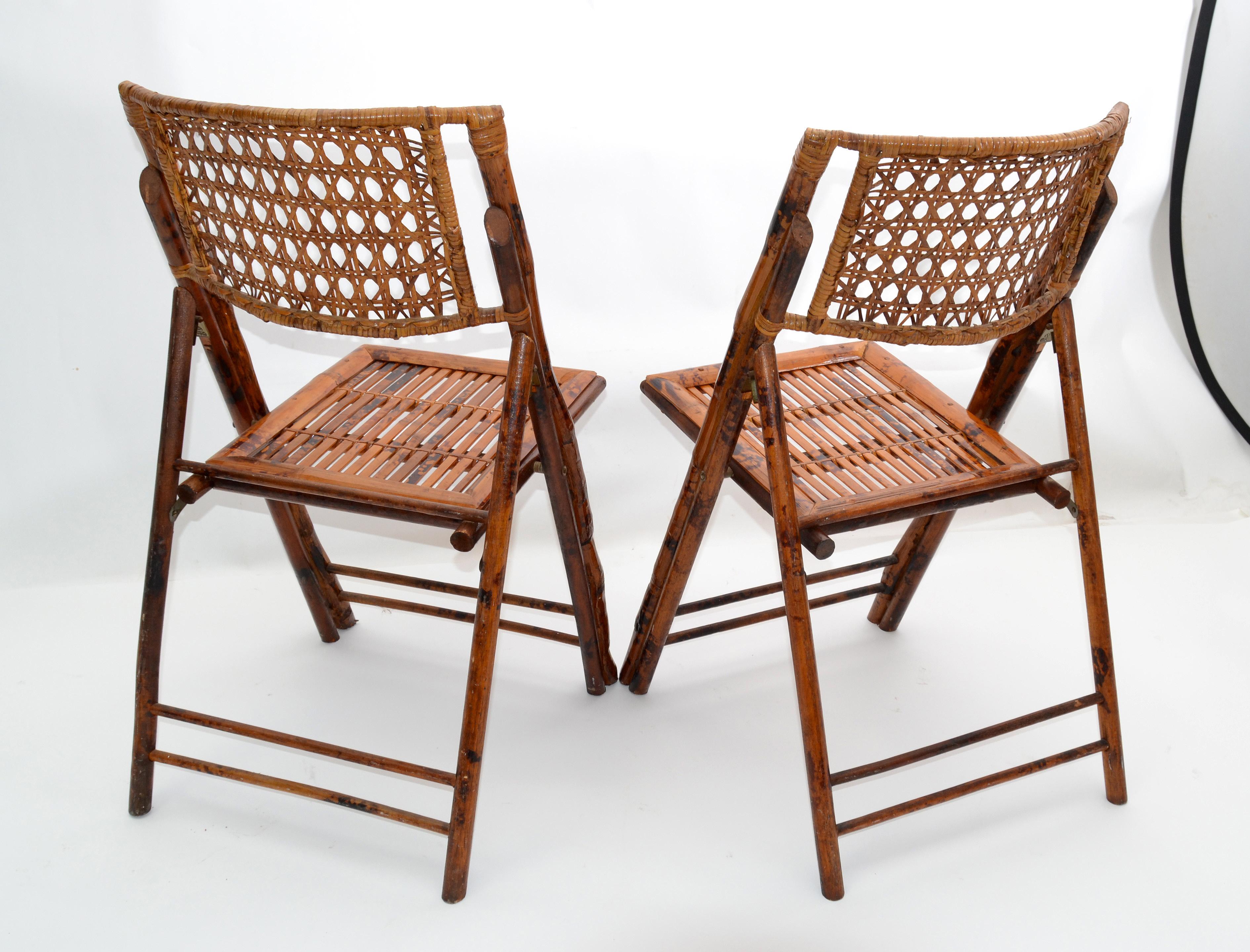 Boho Chic Mid-Century Modern Handcrafted Bamboo & Cane Folding Bistro Chairs, 4 In Good Condition In Miami, FL