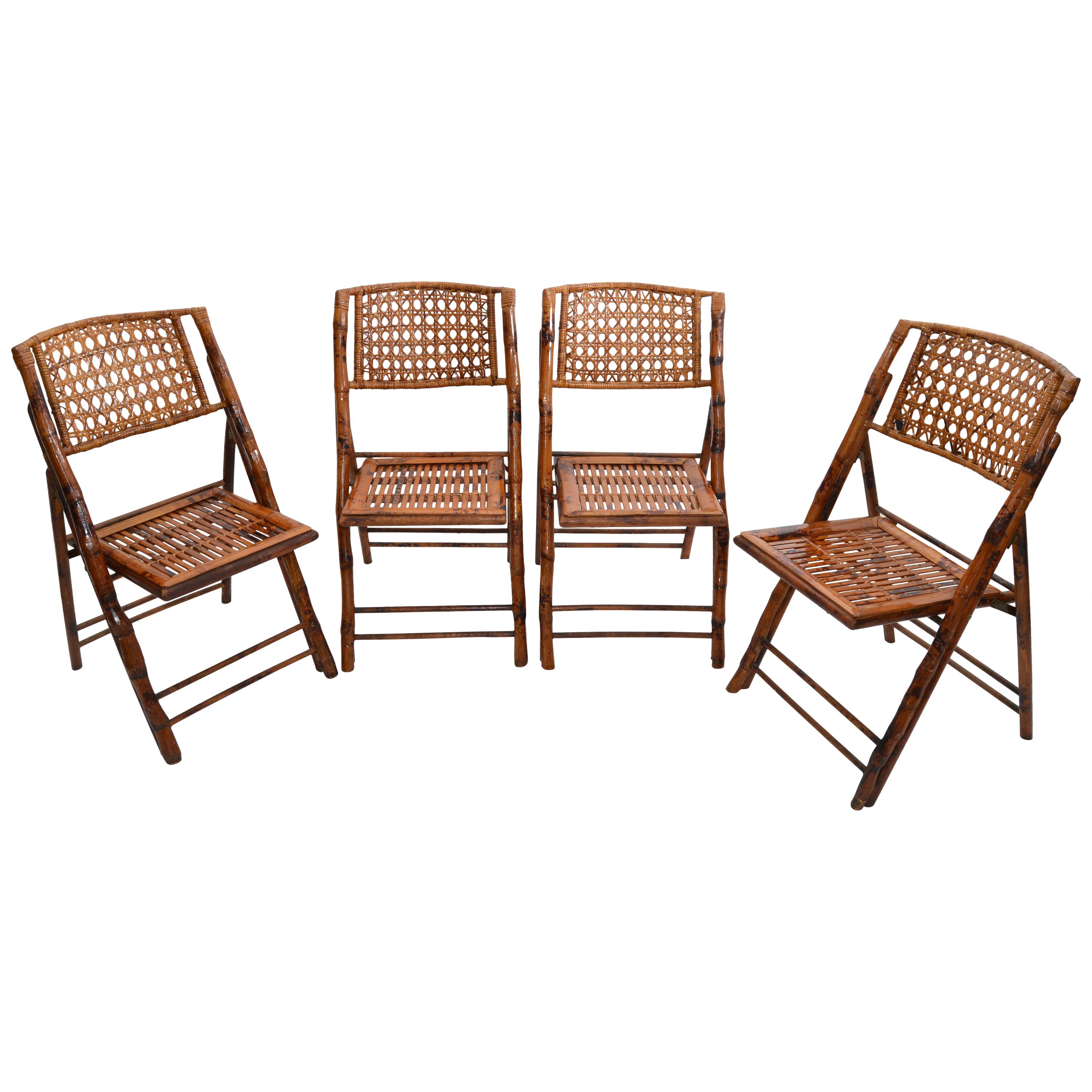 Boho Chic Mid-Century Modern Handcrafted Bamboo & Cane Folding Bistro Chairs, 4