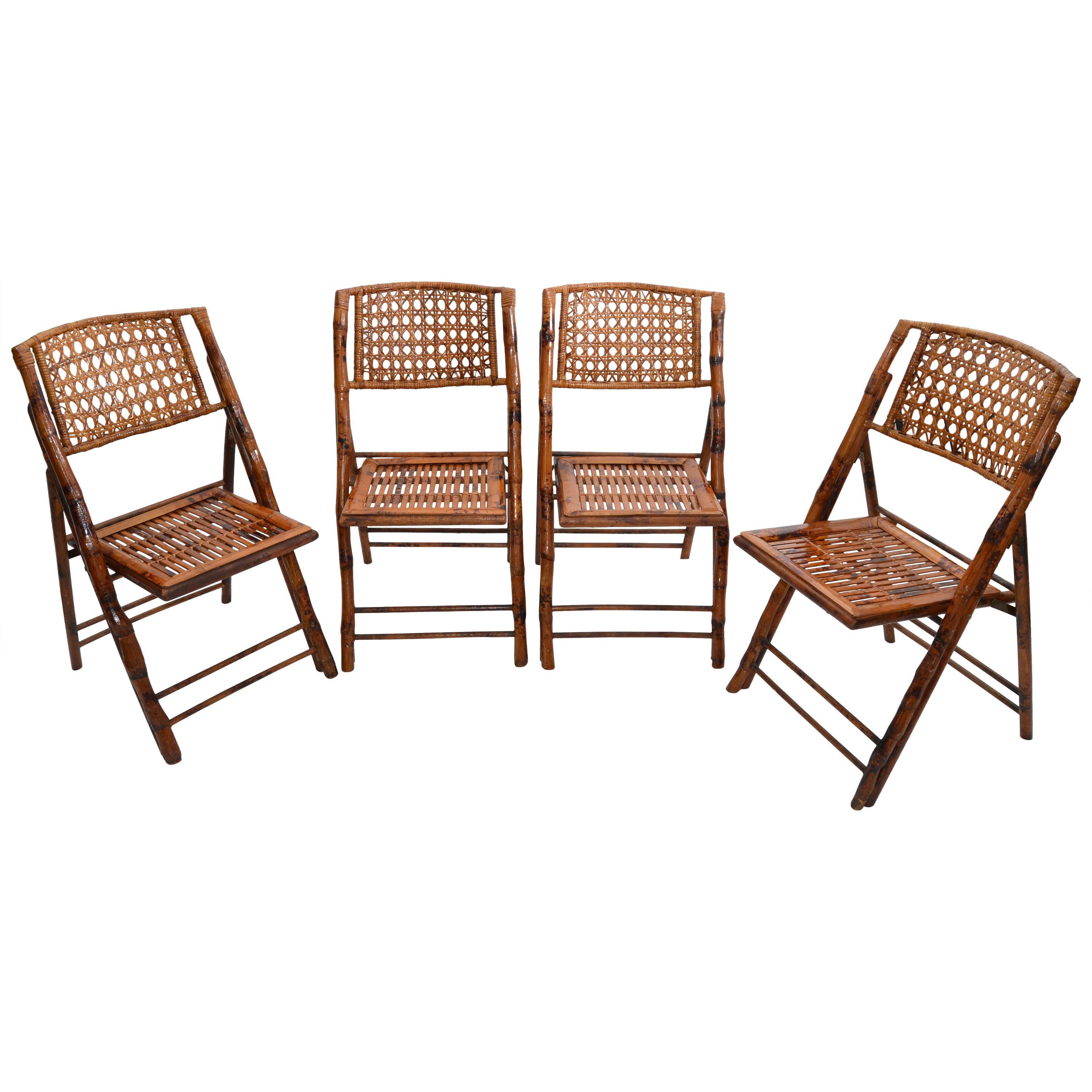 Boho Chic Mid Century Modern Handcrafted Bamboo and Cane Folding Bistro Chairs 4