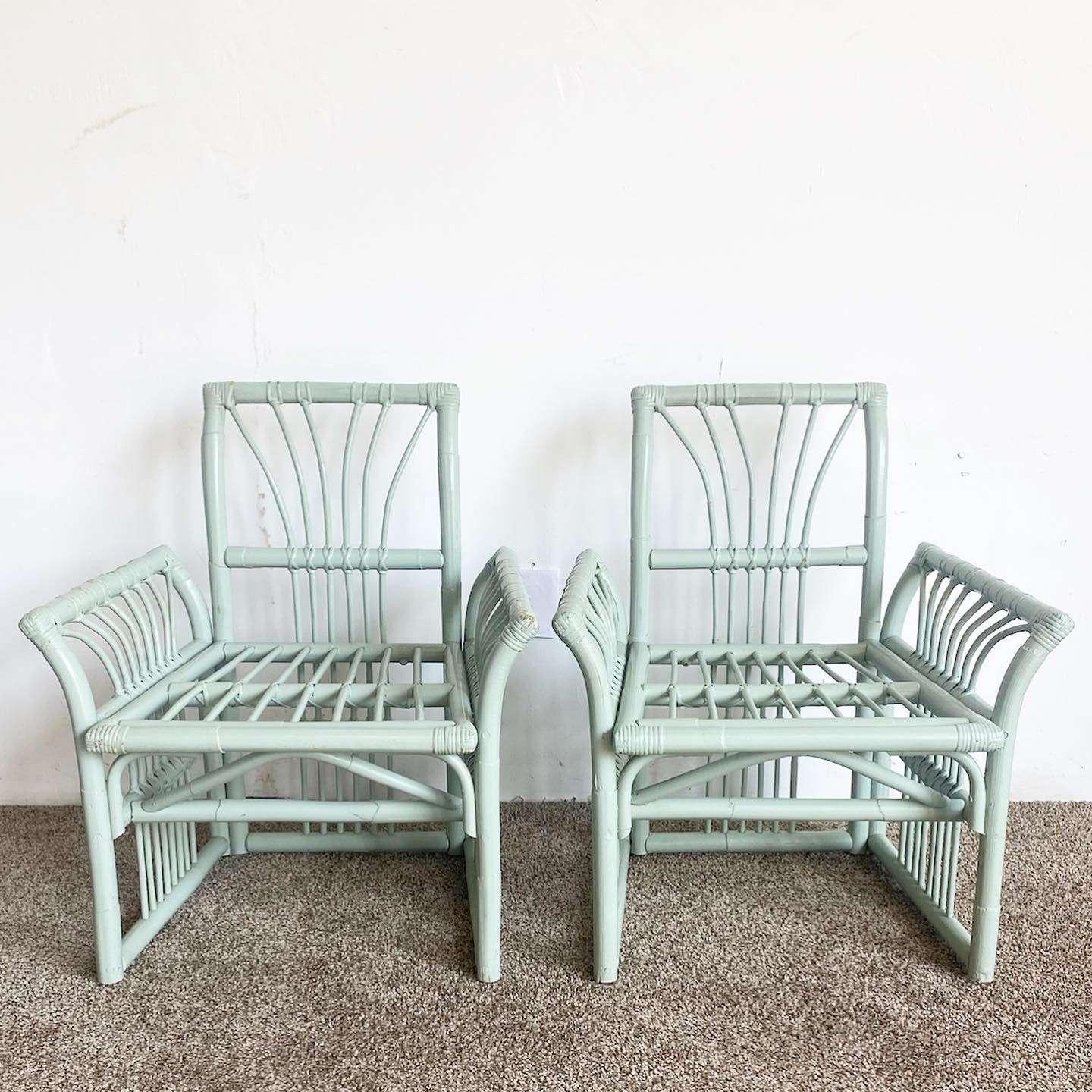Bohemian Boho Chic Mint Green Bamboo Rattan Dining Set - 5 Pieces For Sale