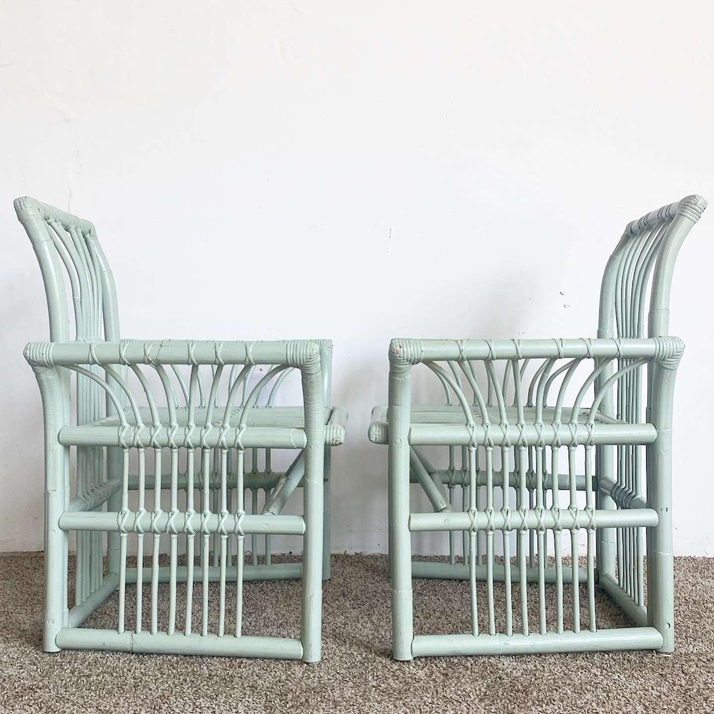 Boho Chic Mint Green Bamboo Rattan Dining Set - 5 Pieces In Good Condition For Sale In Delray Beach, FL