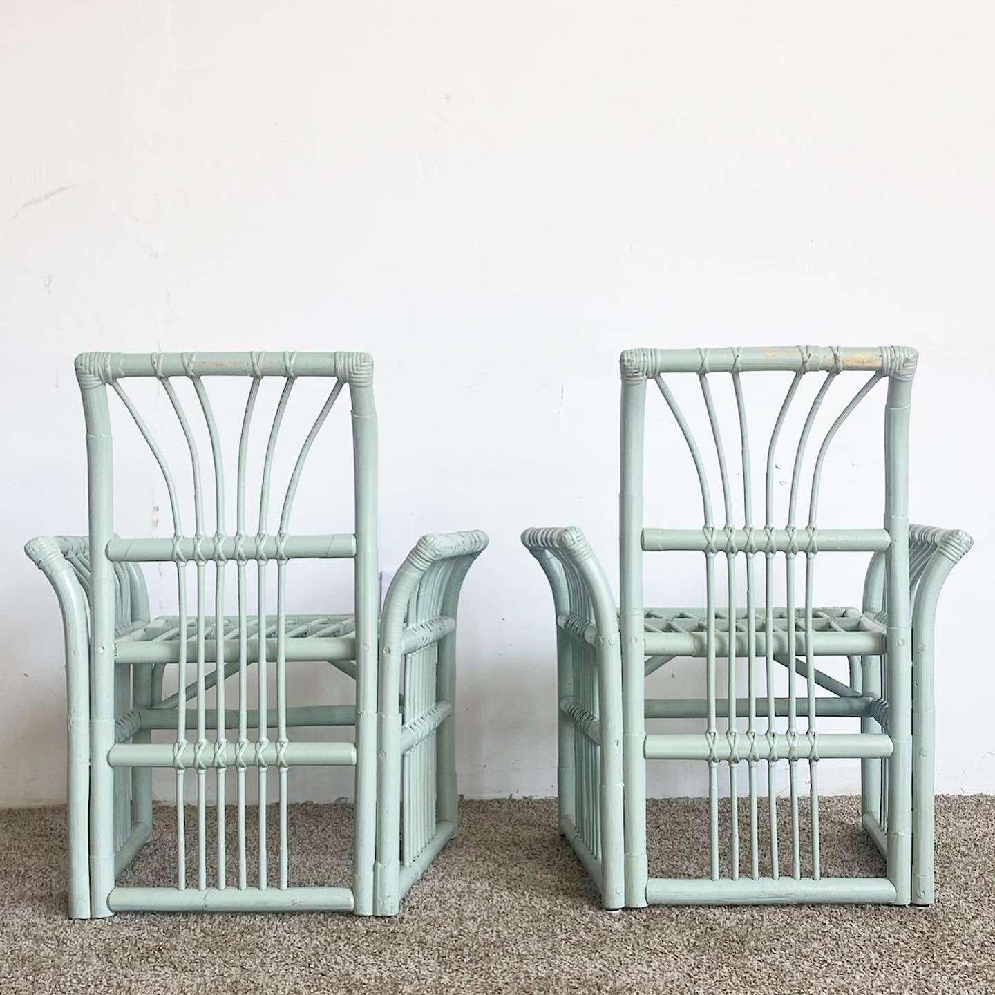 Late 20th Century Boho Chic Mint Green Bamboo Rattan Dining Set - 5 Pieces For Sale
