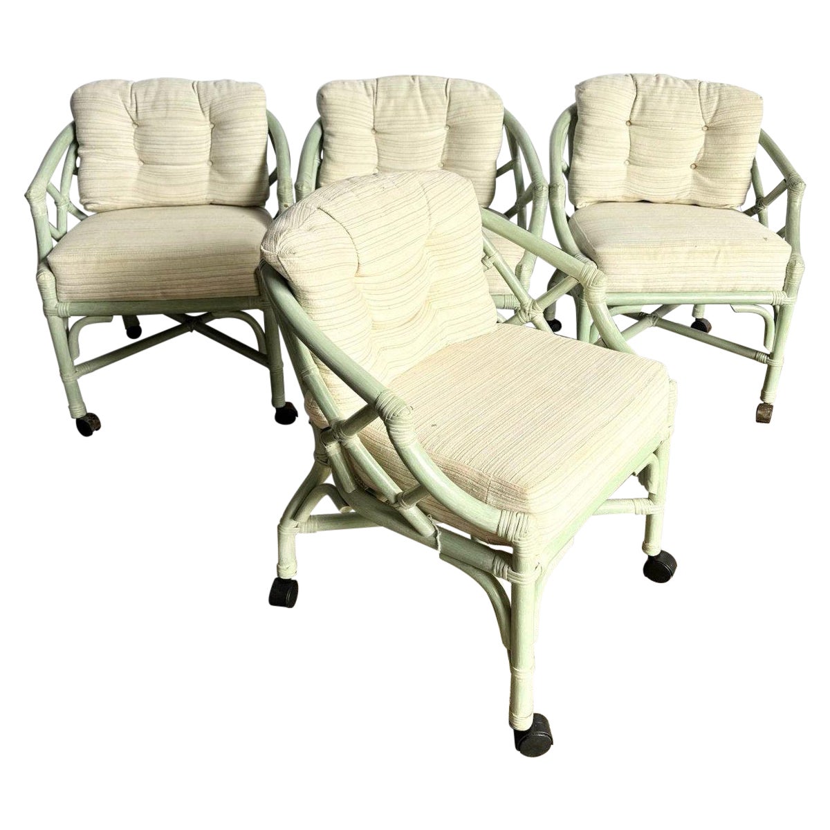 Boho Chic Mint Rattan Chippendale Style Dining Chairs by Ficks Reed - Set of 4