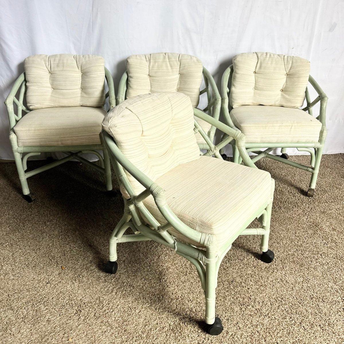 Boho Chic Mint Rattan Chippendale Style Dining Chairs by Ficks Reed - Set of 4 For Sale