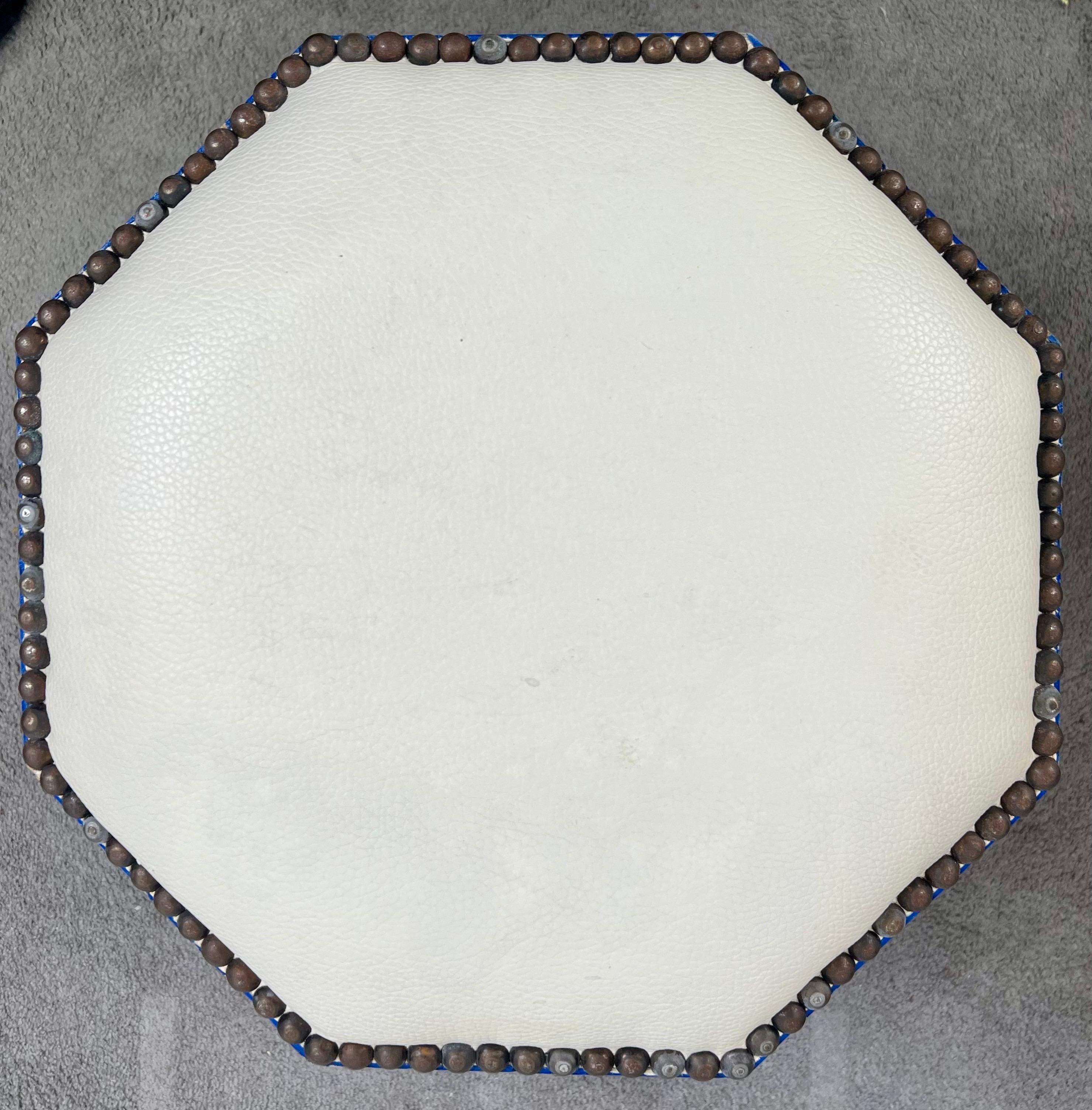 Boho Chic Moroccan Blue & Filigree Silver Design with White Leather Top Stool For Sale 6