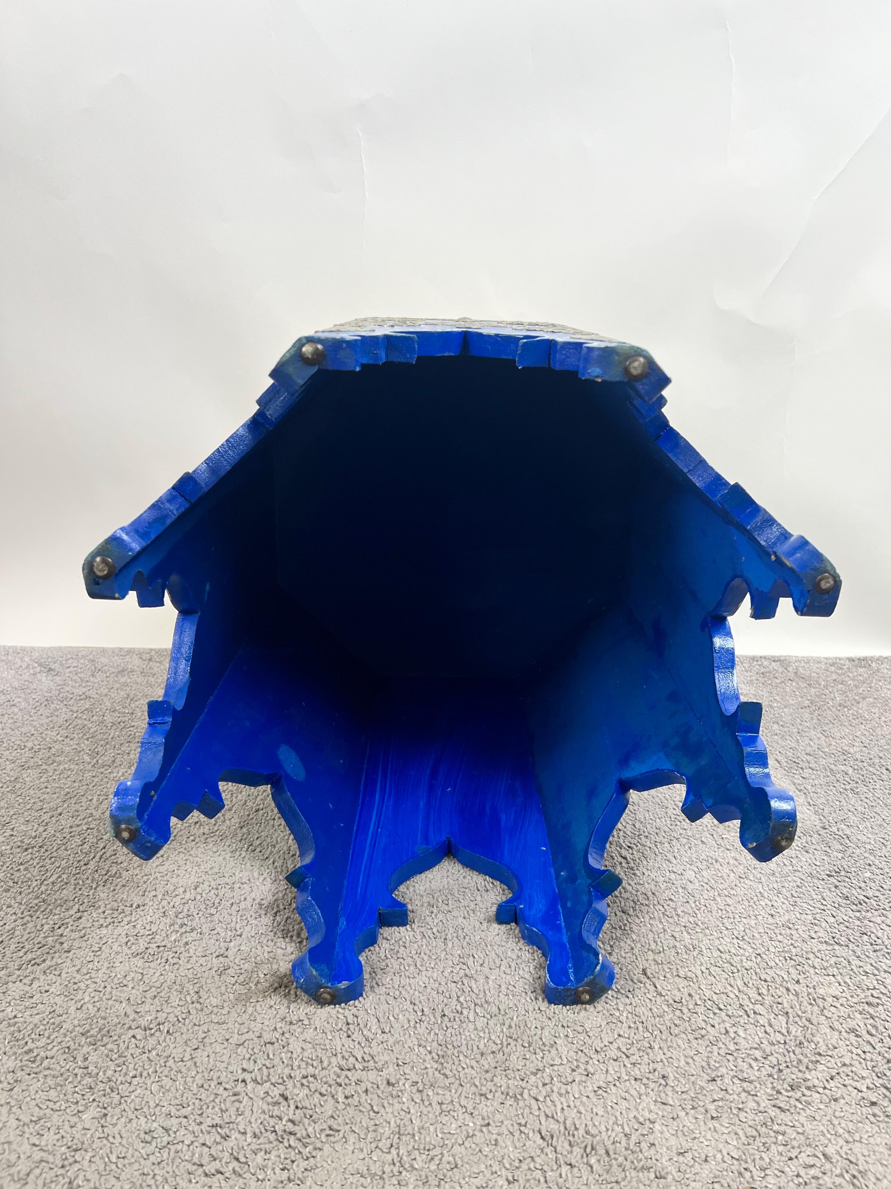 Boho Chic Moroccan Blue & Filigree Silver Design with White Leather Top Stool For Sale 8