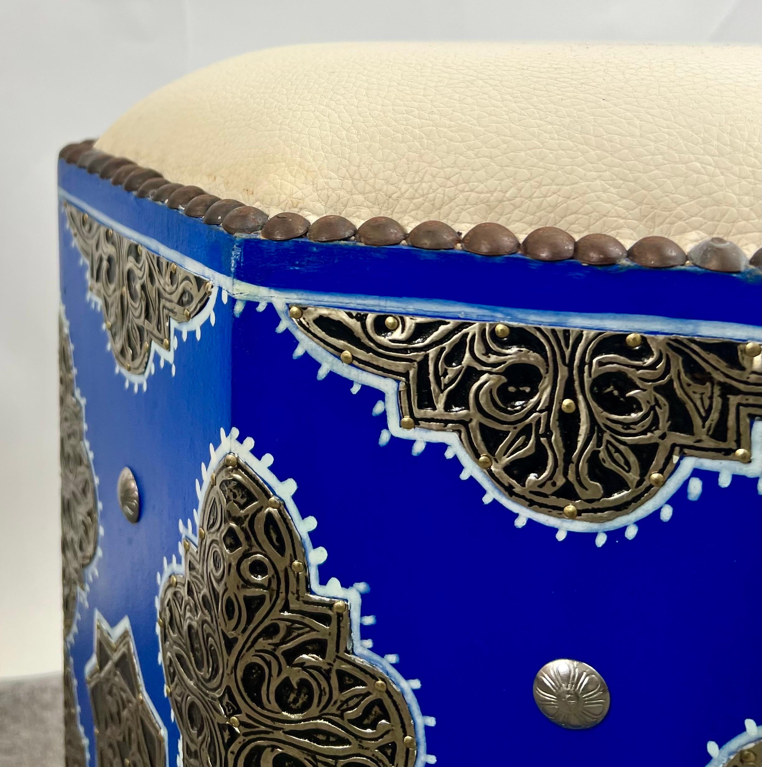 Bohemian Boho Chic Moroccan Blue & Filigree Silver Design with White Leather Top Stool For Sale