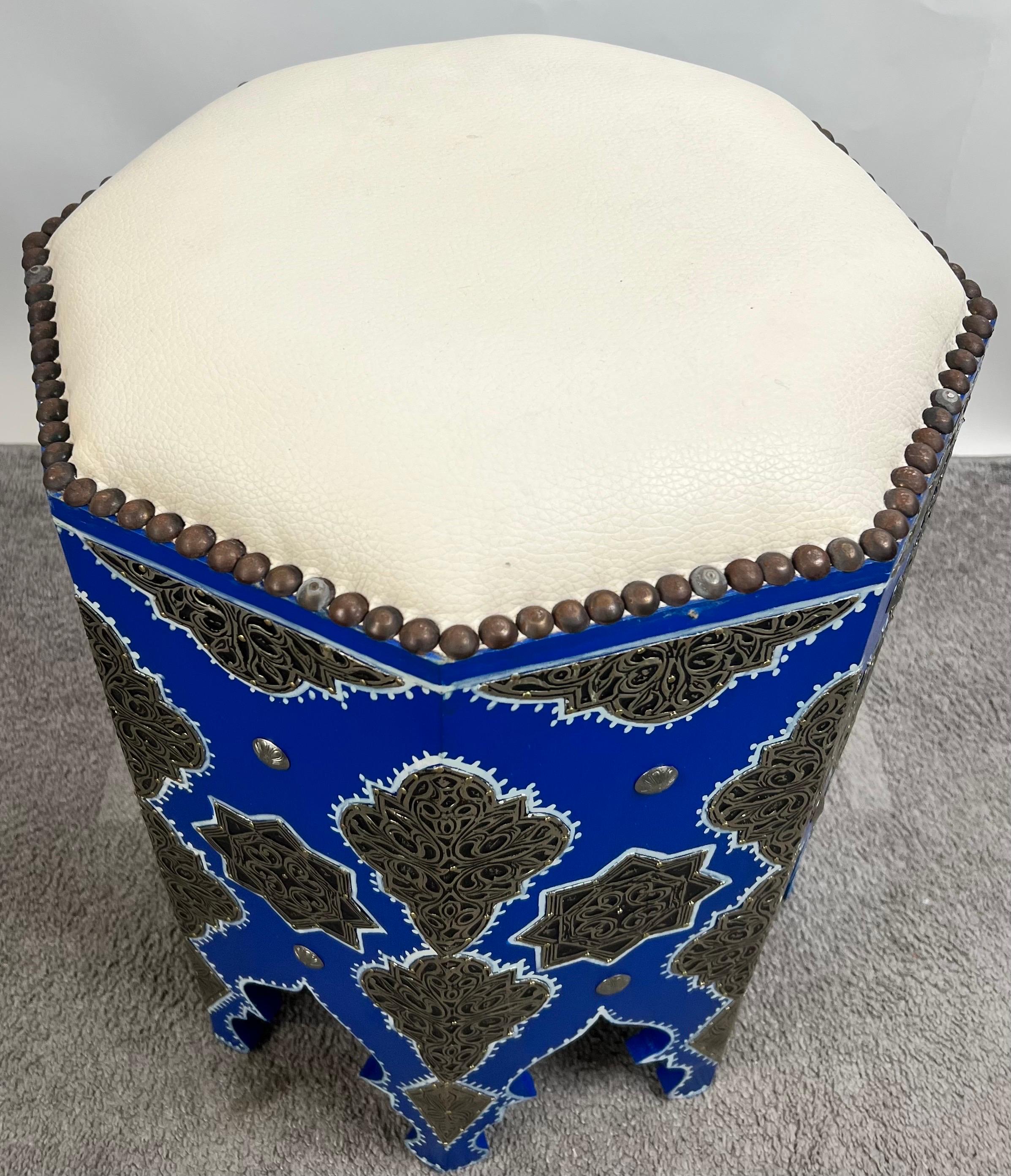 Hand-Carved Boho Chic Moroccan Blue & Filigree Silver Design with White Leather Top Stool For Sale