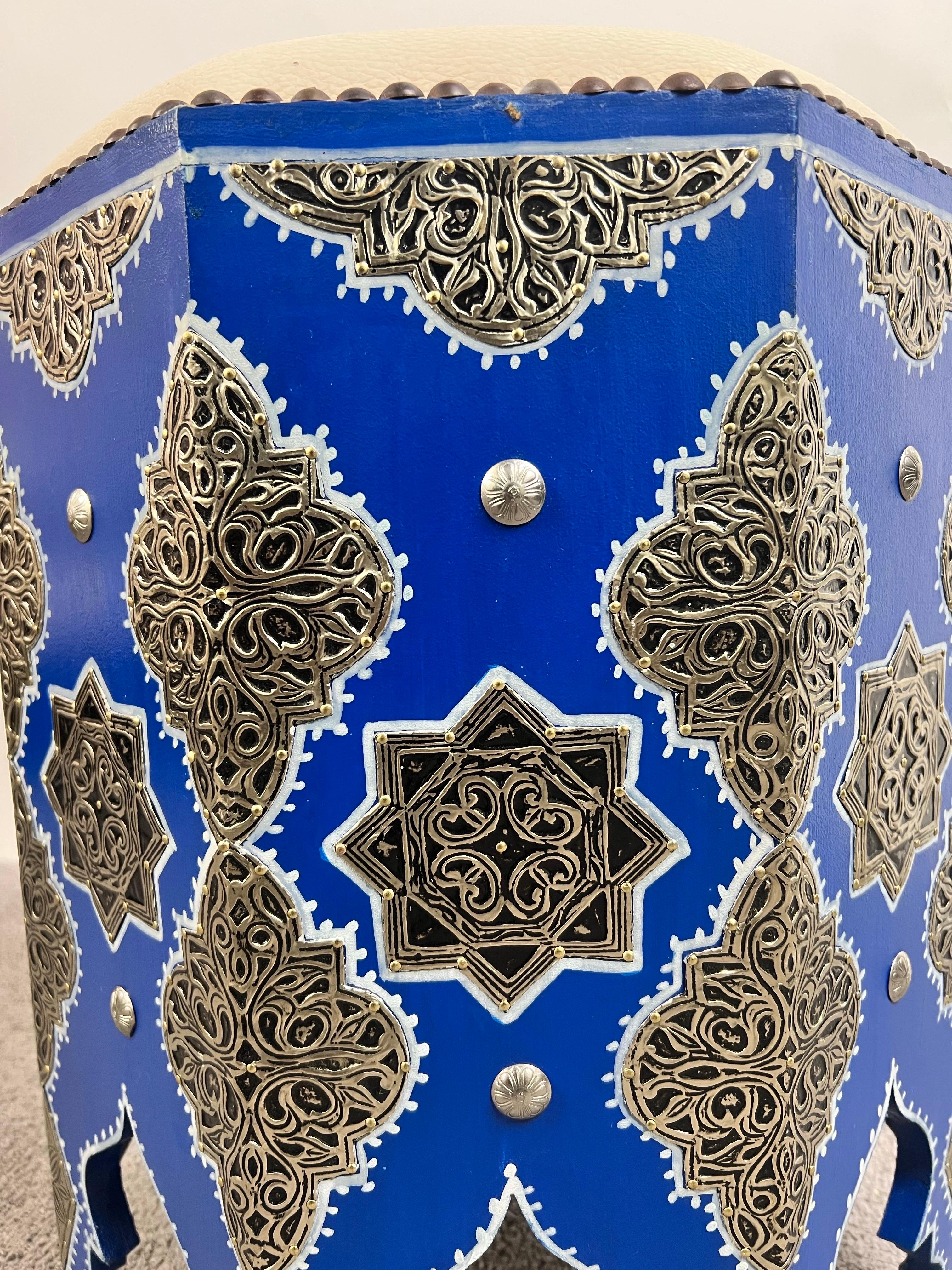 Metal Boho Chic Moroccan Blue & Filigree Silver Design with White Leather Top Stool For Sale