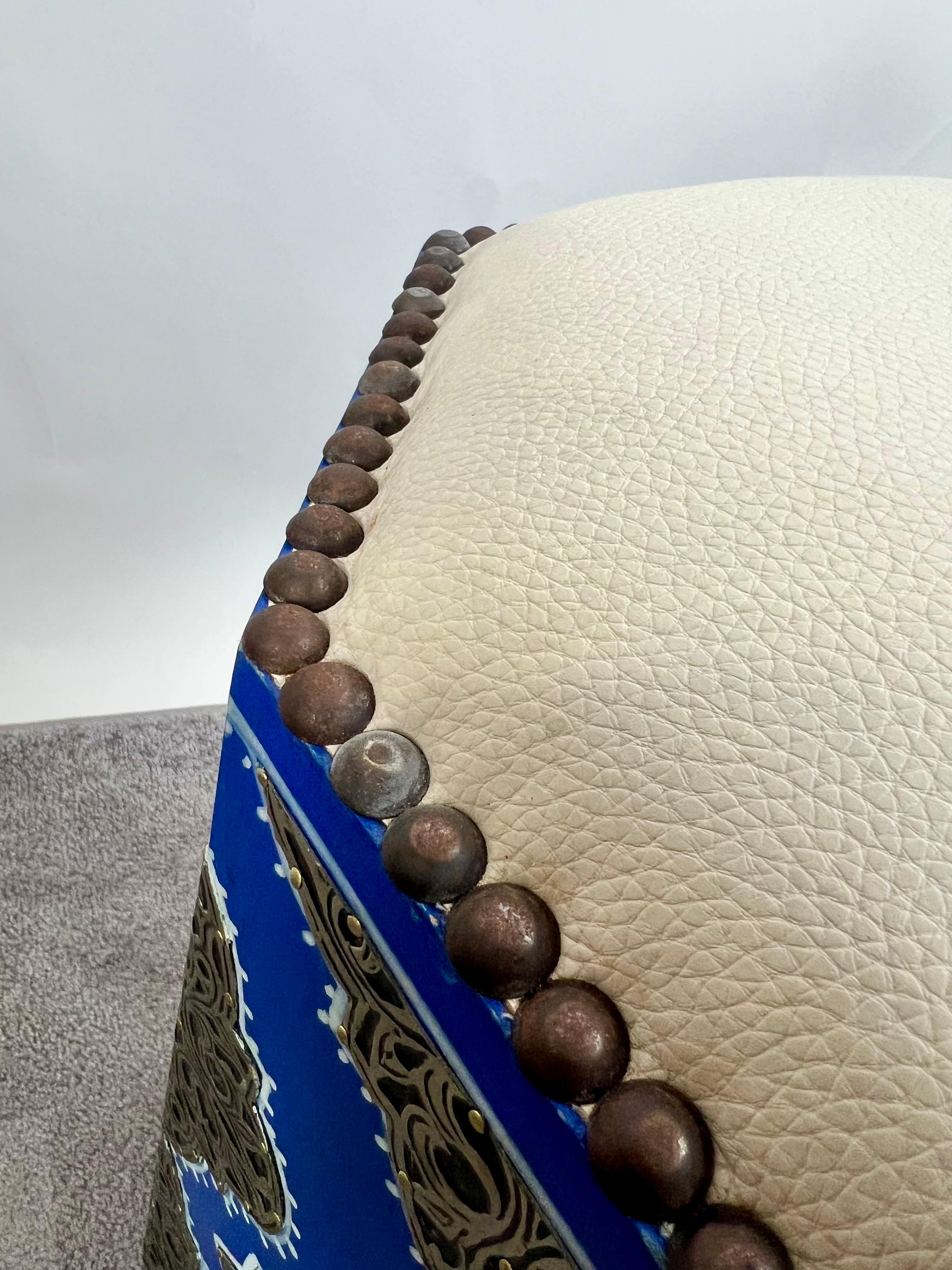 Boho Chic Moroccan Blue & Filigree Silver Design with White Leather Top Stool For Sale 2