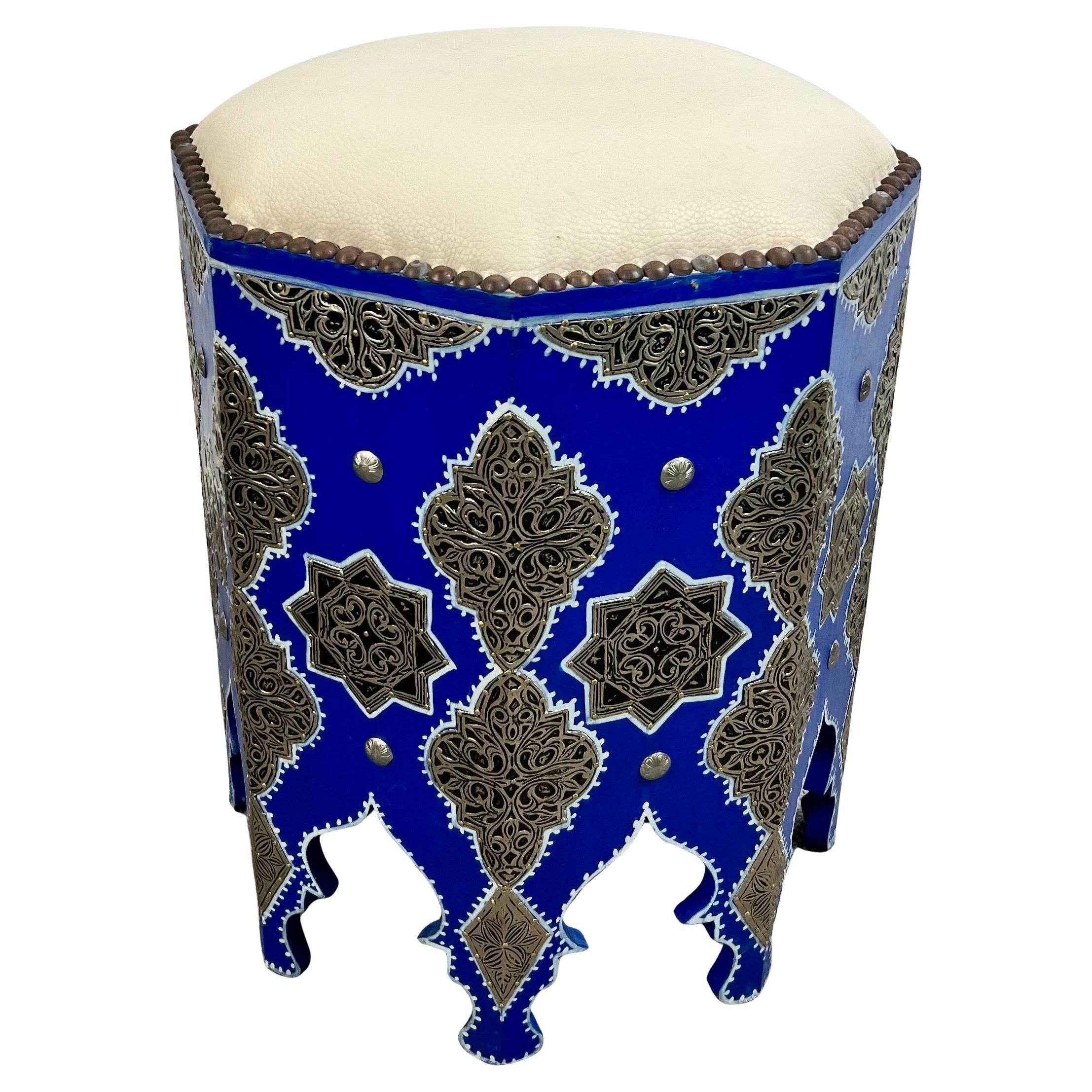 Boho Chic Moroccan Blue & Filigree Silver Design with White Leather Top Stool For Sale