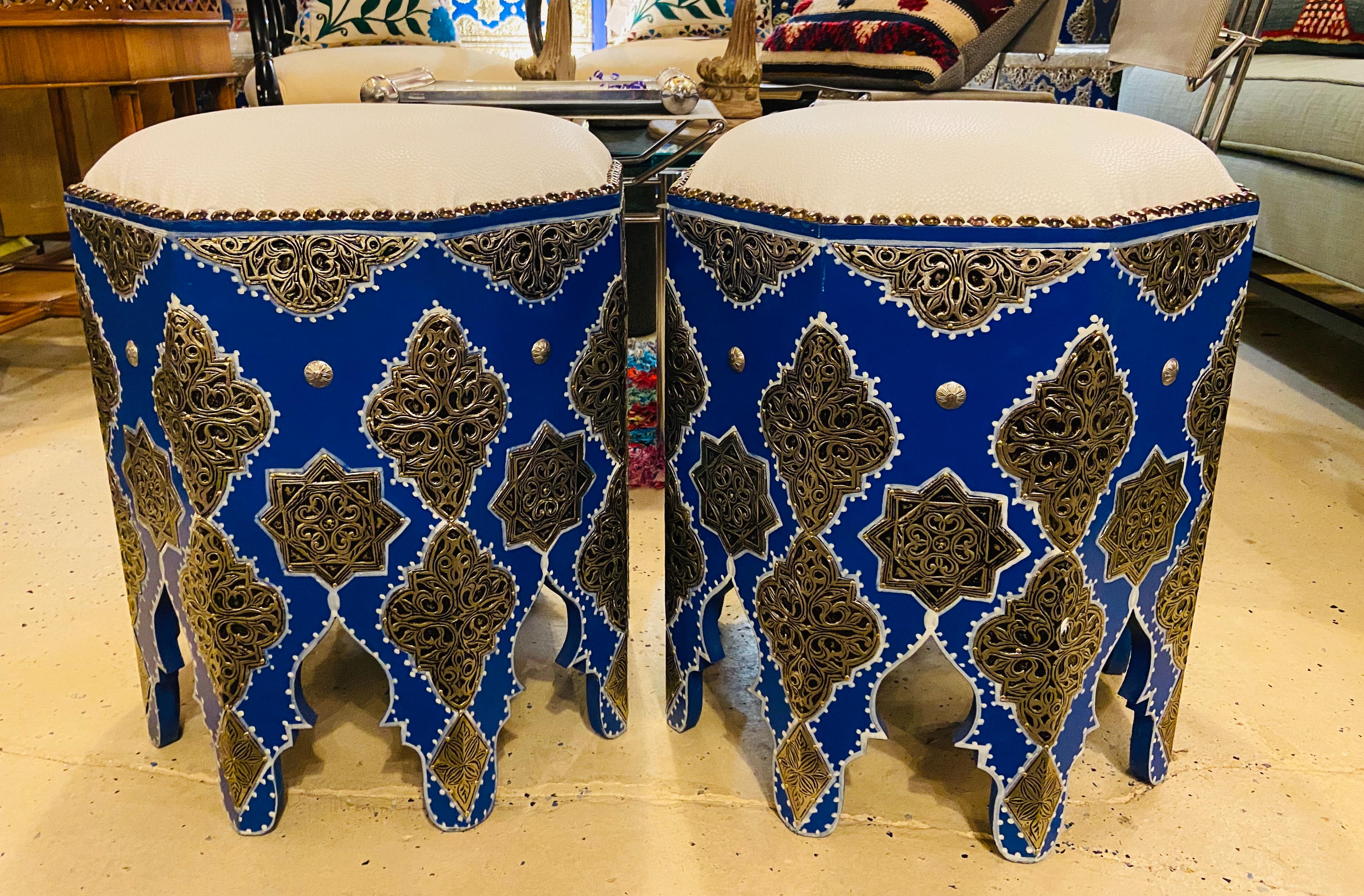 Boho Chic Moroccan Blue Majorelle Stool or Ottoman with White Leather Top, Pair In Good Condition For Sale In Plainview, NY