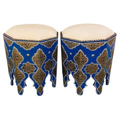 Boho Chic Moroccan Blue Majorelle Stool or Ottoman with White Leather Top, Pair