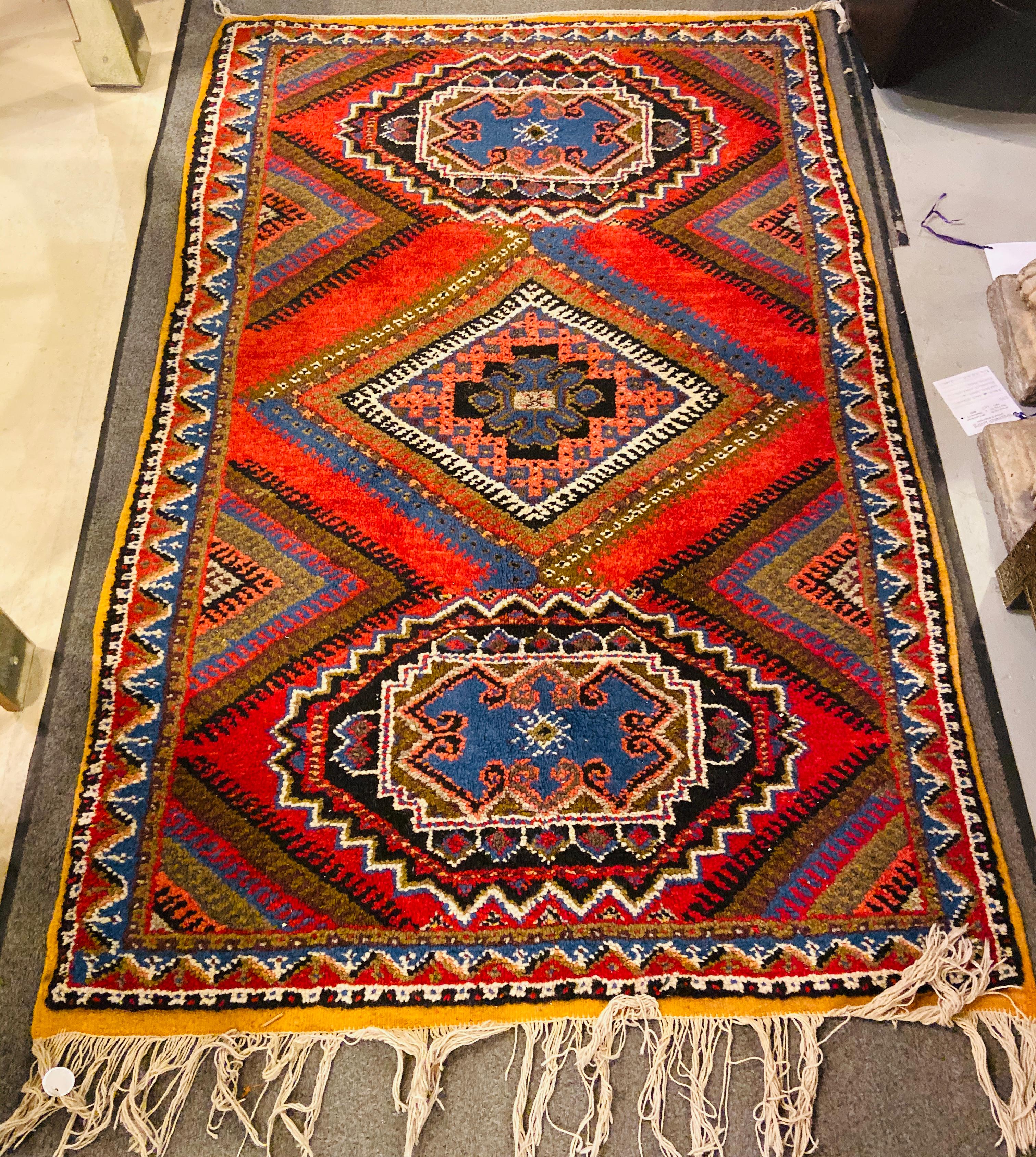 Bohemian Boho Chic Moroccan Handwoven Blue & Red Wool Diamond Design Rectangular Rug For Sale