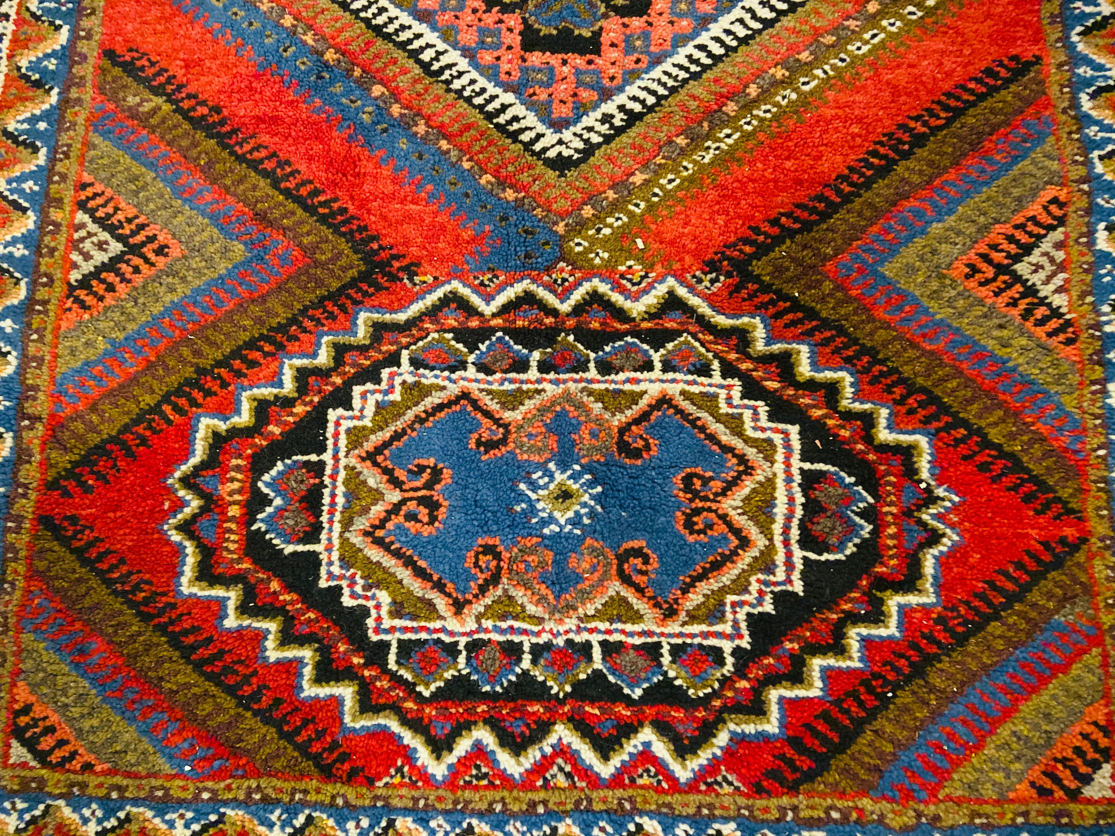 Hand-Woven Boho Chic Moroccan Handwoven Blue & Red Wool Diamond Design Rectangular Rug For Sale