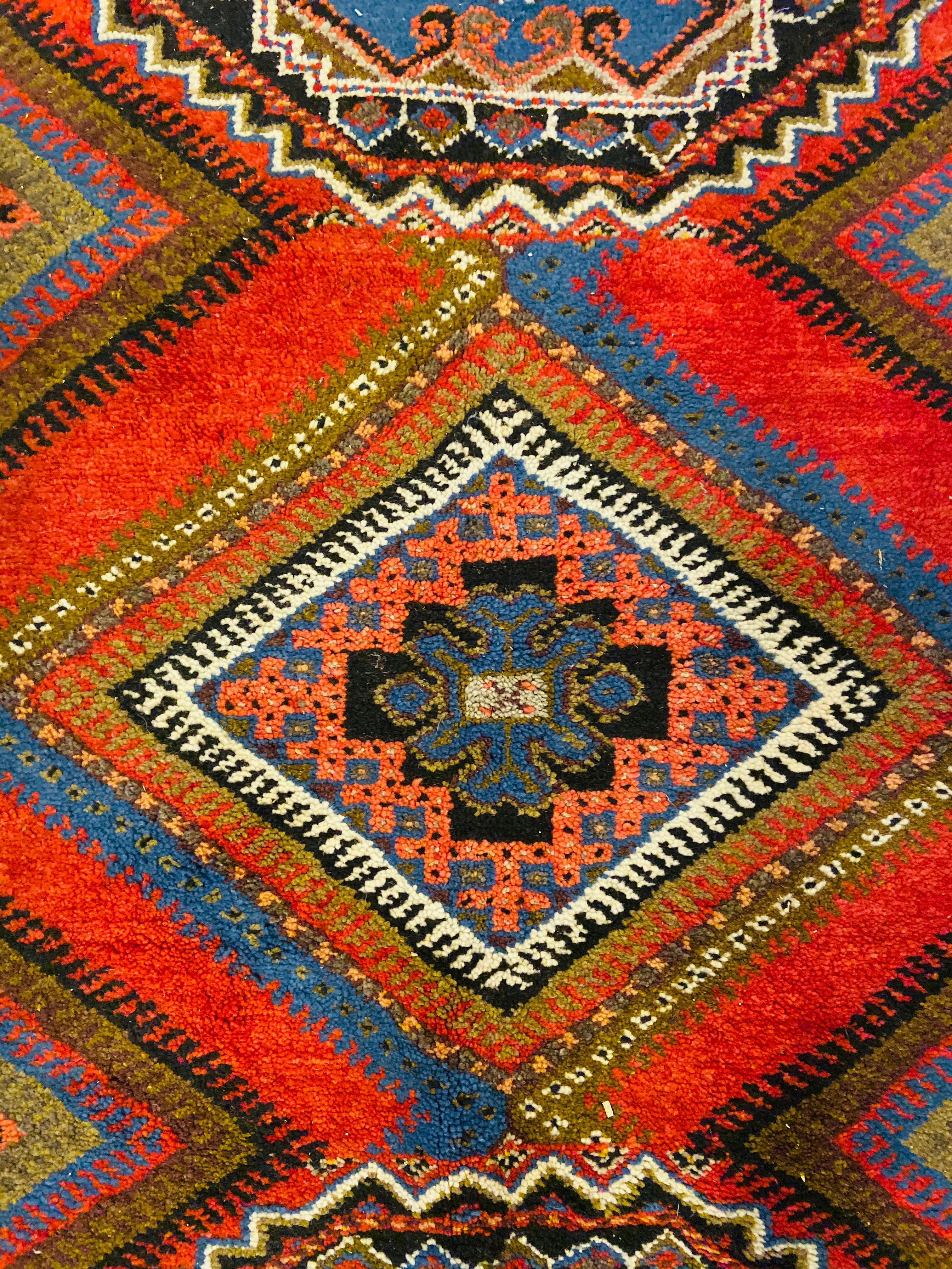 Boho Chic Moroccan Handwoven Blue & Red Wool Diamond Design Rectangular Rug In Good Condition For Sale In Plainview, NY