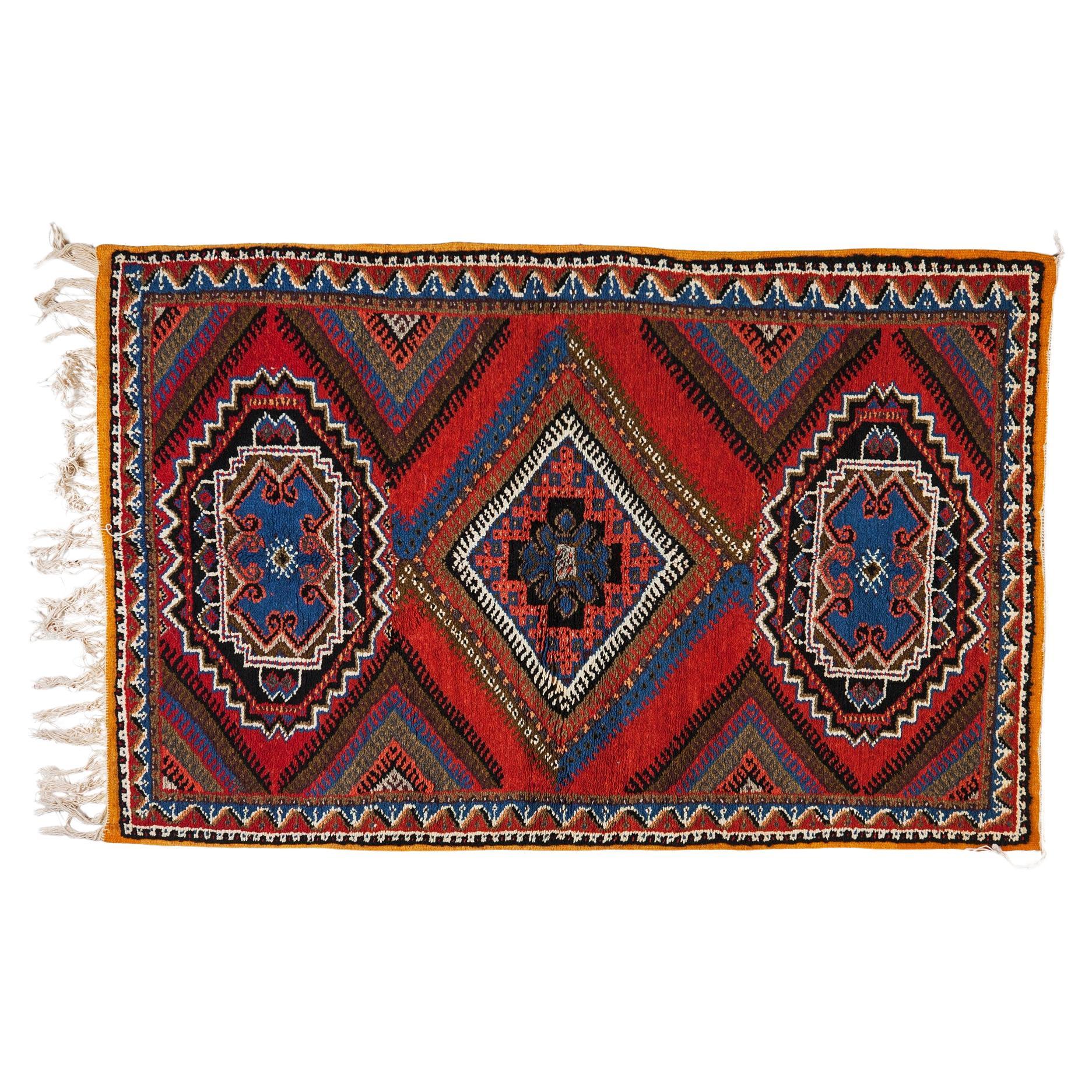 Boho Chic Moroccan Handwoven Blue & Red Wool Diamond Design Rectangular Rug  For Sale