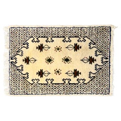 Vintage Boho Chic  Moroccan Small White & Black Wool Hand-Woven Rug or Carpet 