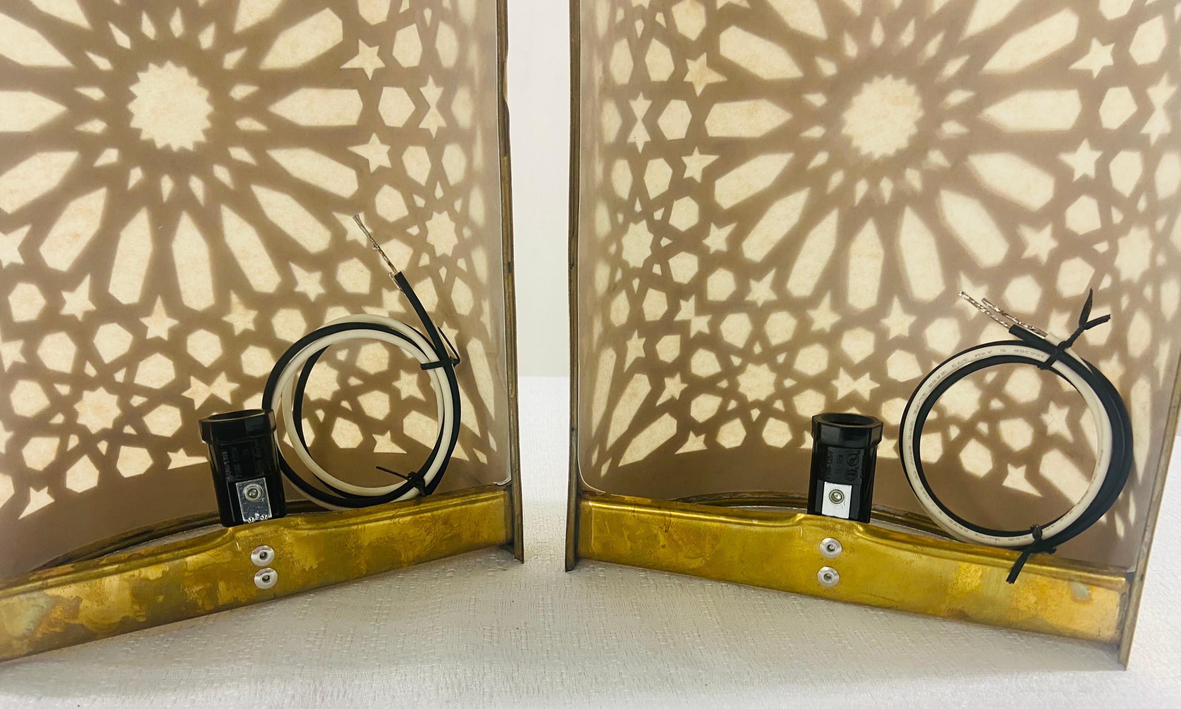 Boho Chic Moroccan Style Brass Wall Sconce or Lantern, a Pair  In Good Condition For Sale In Plainview, NY