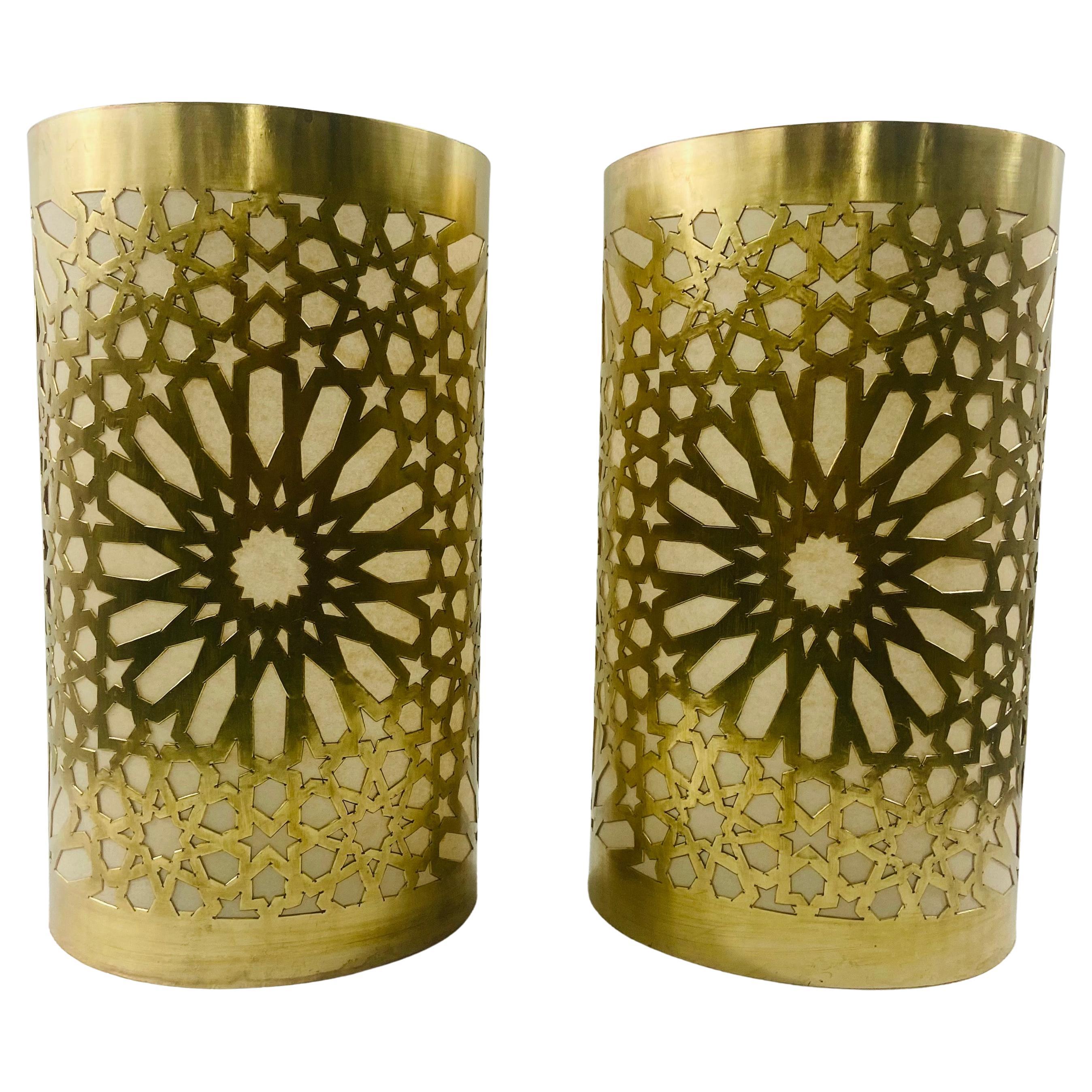 Boho Chic Moroccan Style Brass Wall Sconce or Lantern, a Pair  For Sale