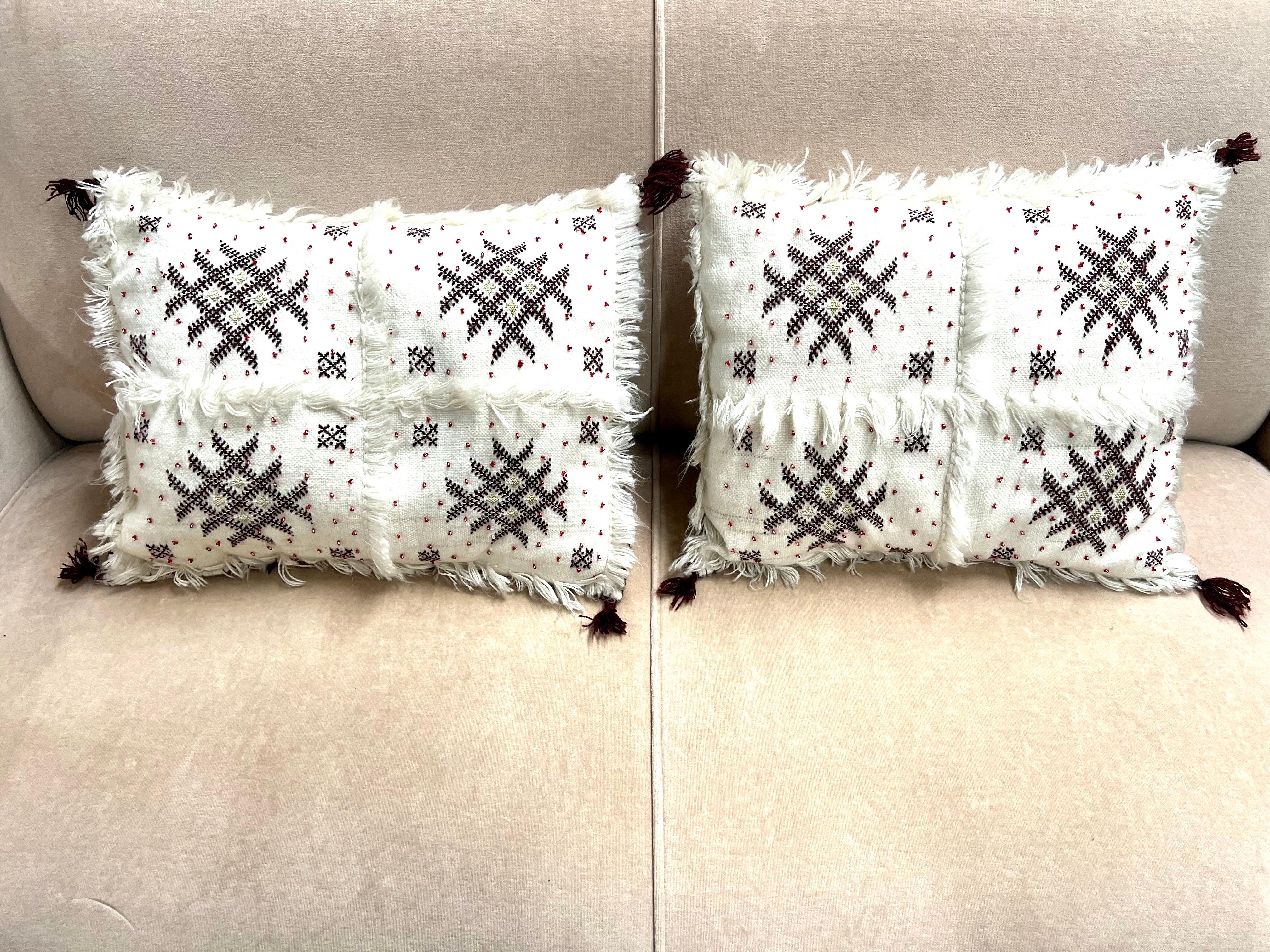 Hand-Woven Boho Chic Moroccan Wool Beaded White & Purple Geometrical Design Pillow, a Pair For Sale