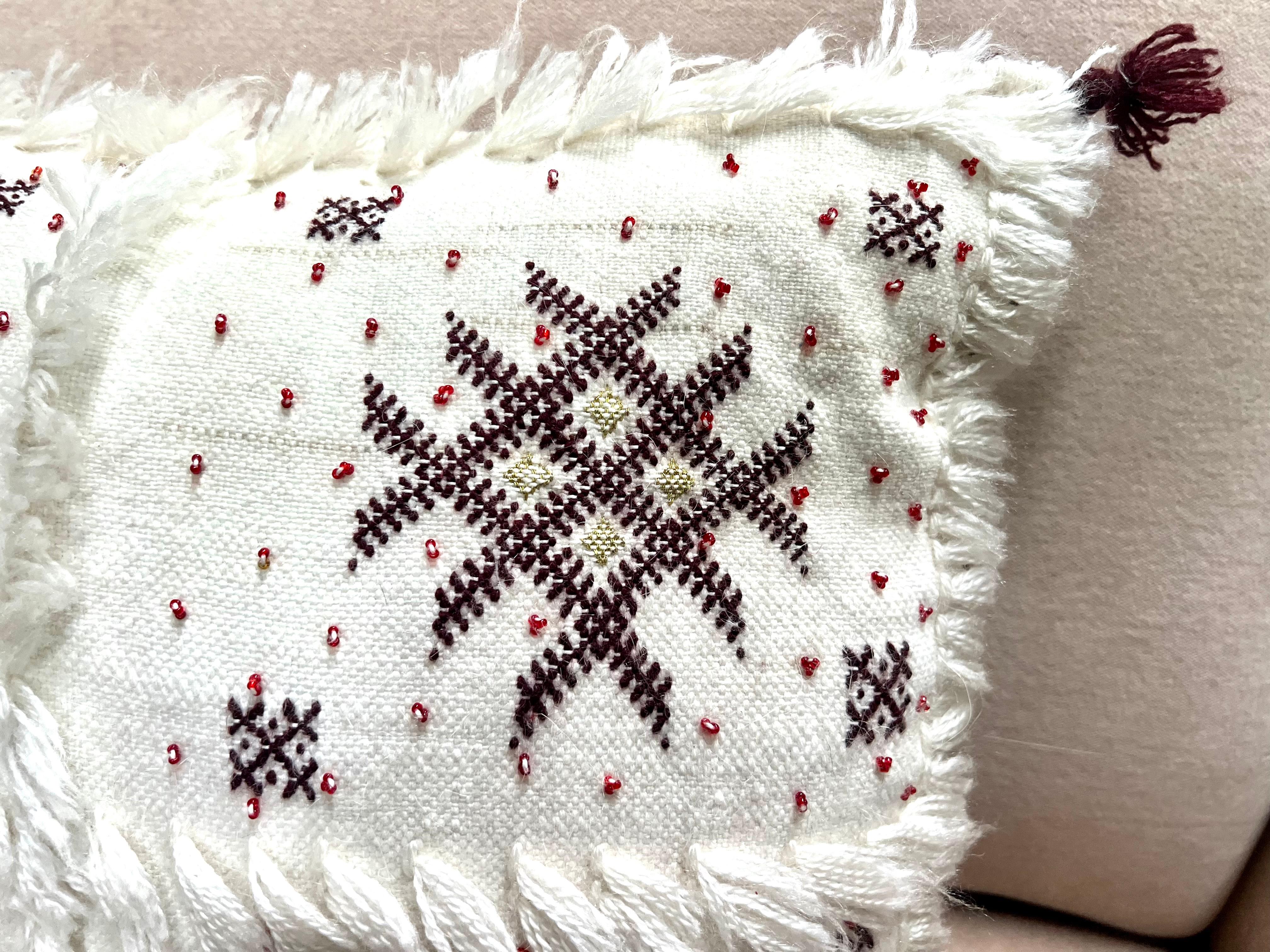 Boho Chic Moroccan Wool Beaded White & Purple Geometrical Design Pillow, a Pair For Sale 1