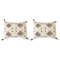 Vintage Boho Chic Moroccan Wool Beaded White & Purple Geometrical Design Pillow, a Pair