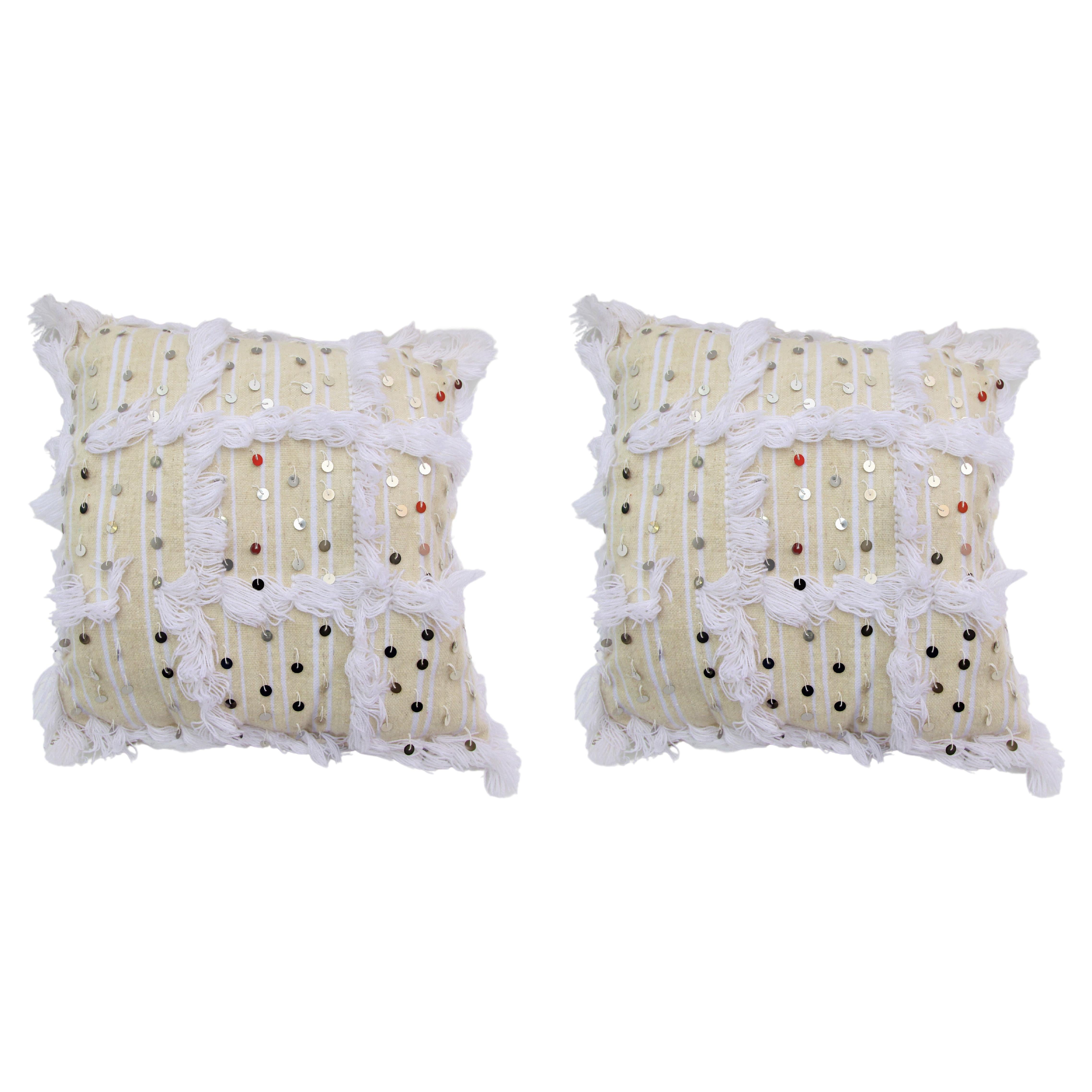 Boho Chic Moroccan Wool White Wedding Pillow, a Pair