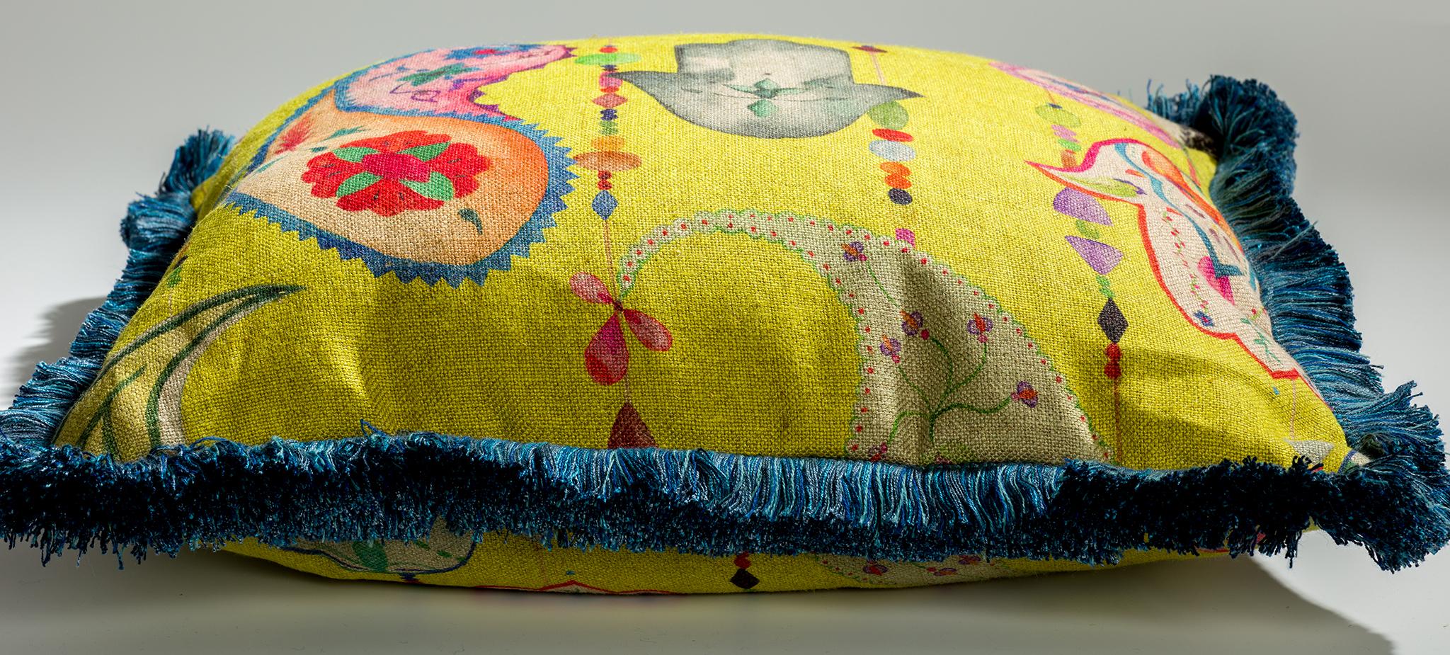 Boho chic multicolored yellow natural linen pillow/cushion: Printed on natural linen and inspired by the coastal town of Tarifa, this positive vibe design works perfectly in both relaxed living spaces as well as working marvelously in your living