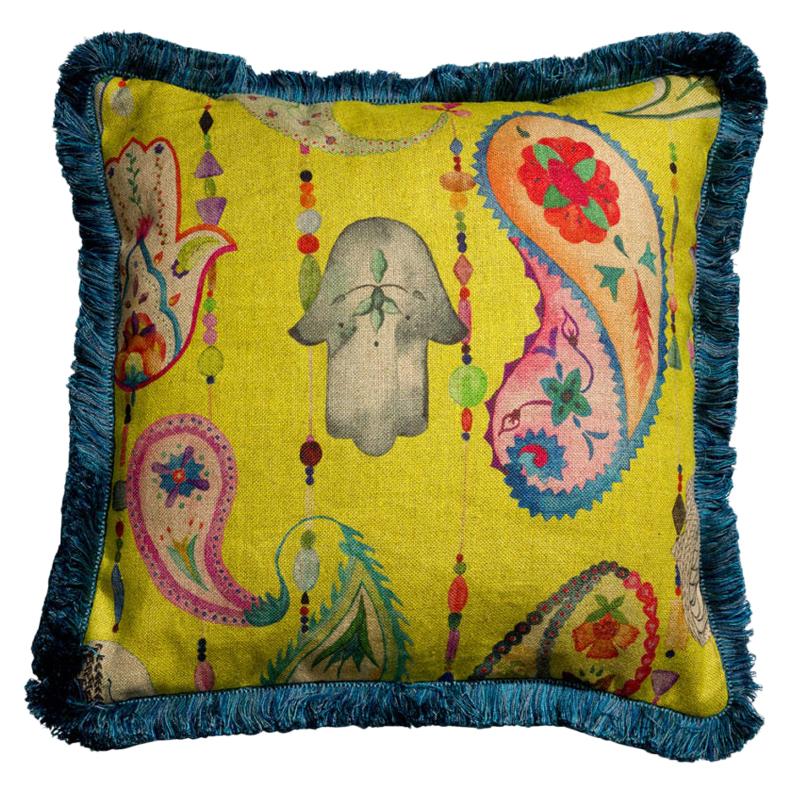 Boho Chic Multicolored Yellow Natural Linen Pillow Cushion For Sale